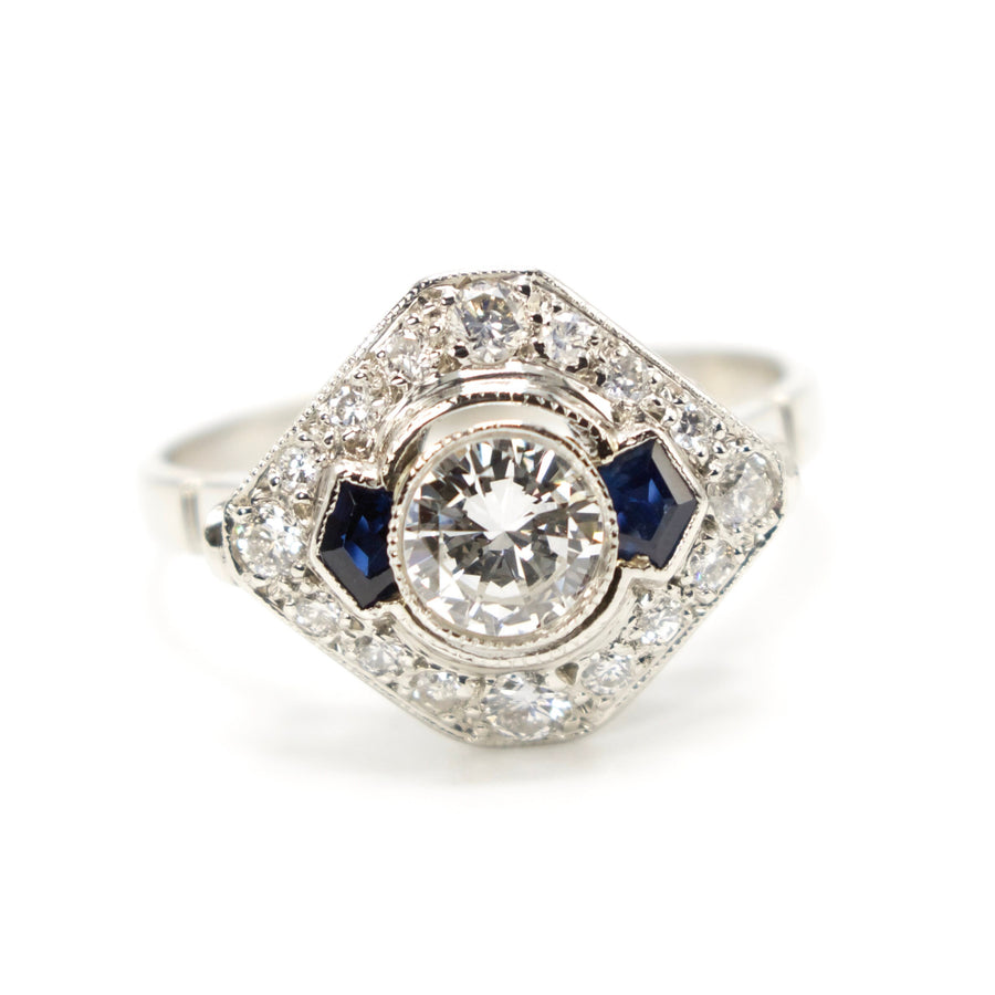 Art Deco Half Carat Diamond Engagement Ring with Pentagonal Cut Sapphire Accents in Platinum