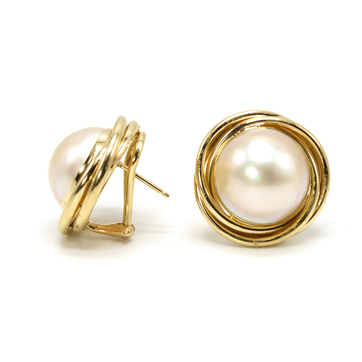 Peter Brams Designer Mabe Pearl and Yellow Gold Omega Back Stud Earrings