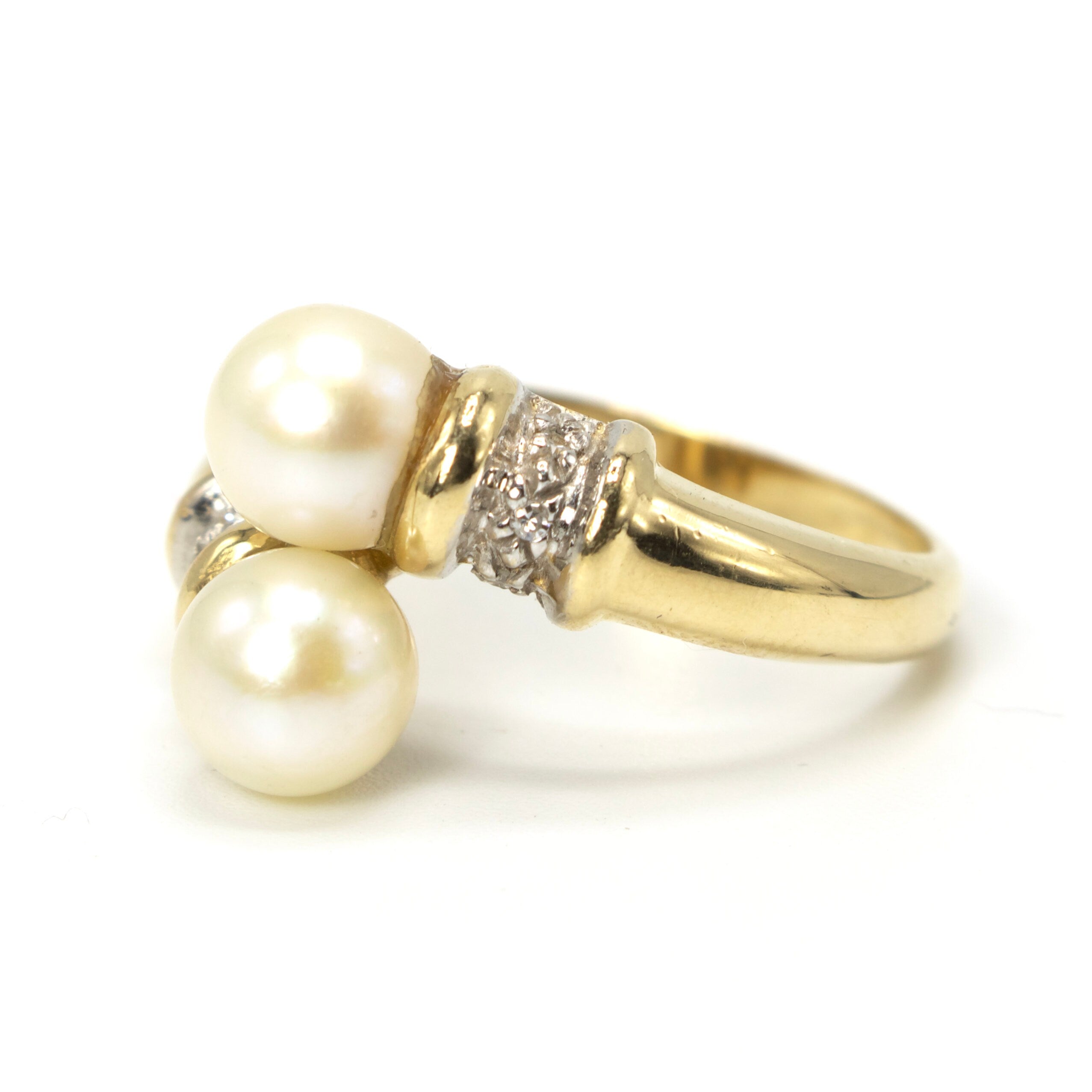 Double Pearl Bypass Ring in Yellow Gold with Diamond Accents