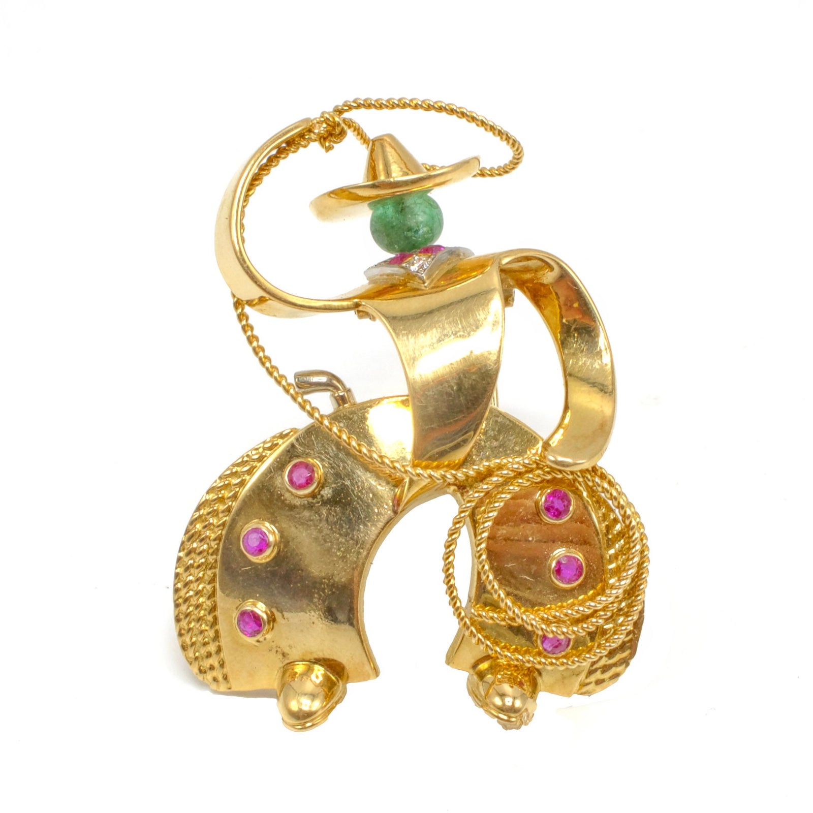Estate 18K Yellow Gold Ruby, Emerald, and Diamond Cowboy Brooch