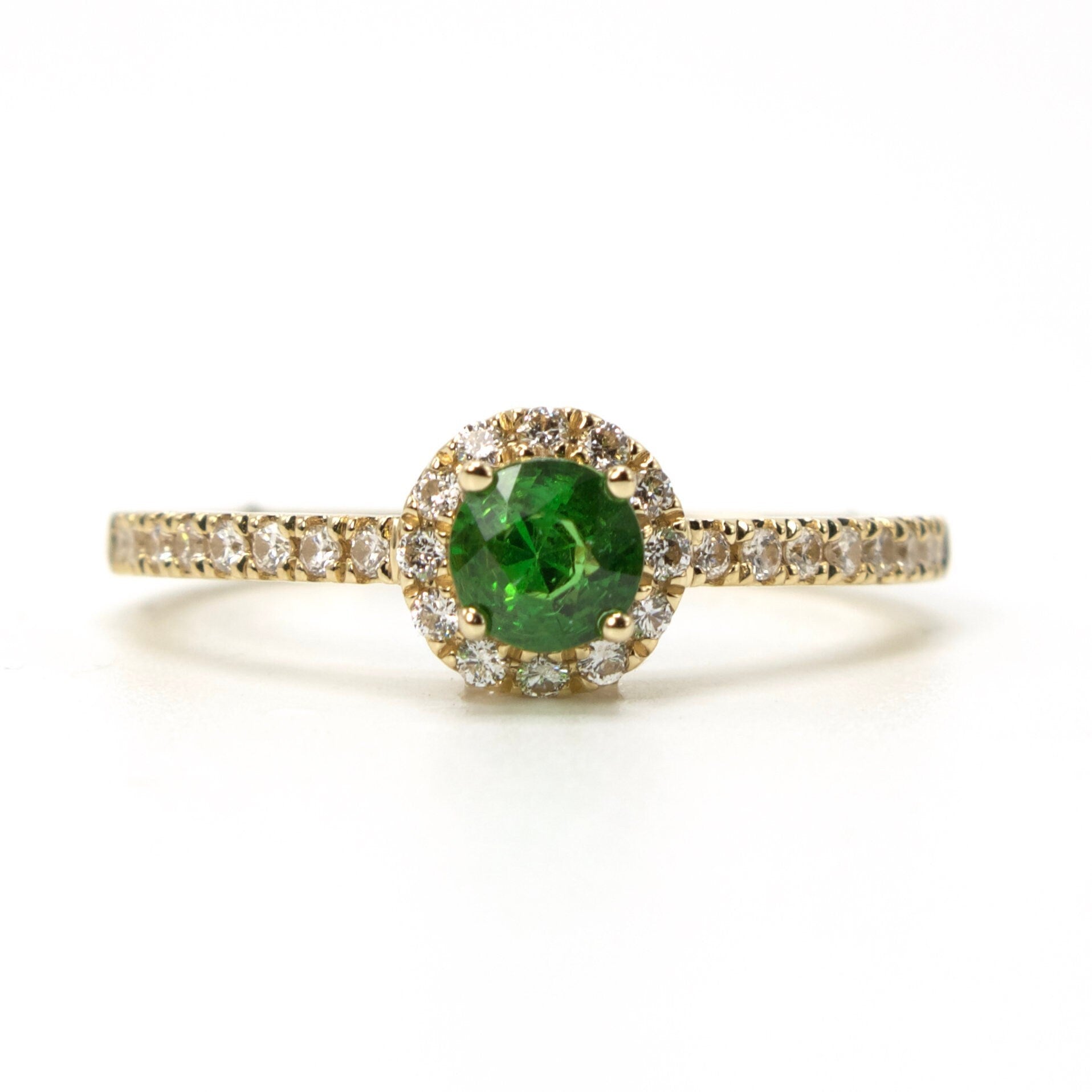Round Green Tsavorite Garnet Engagement Ring with Diamond Halo in 14K Yellow Gold