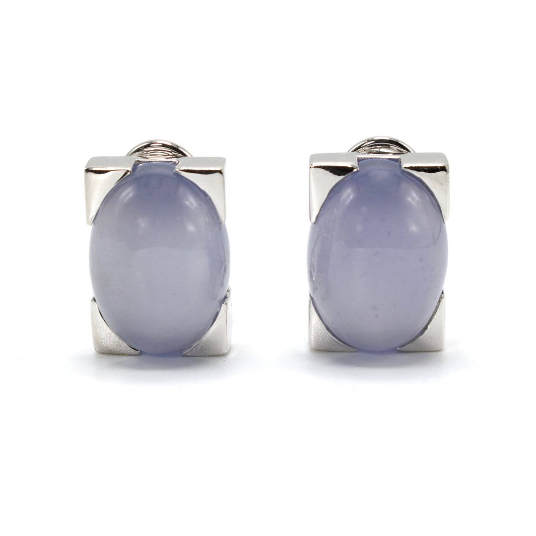 Oval Cabochon Chalcedony Bar Earrings in 14K White Gold