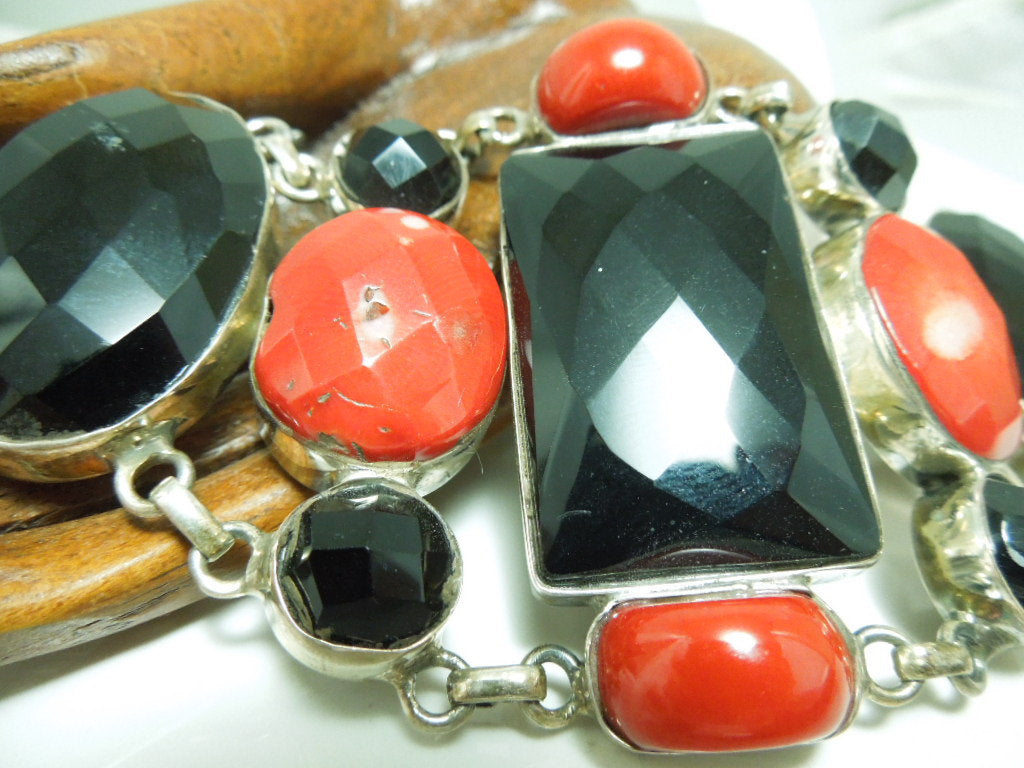 Onyx and Red Coral Web Bracelet