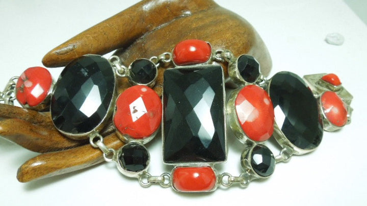 Onyx and Red Coral Web Bracelet