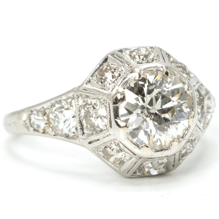 Antique Platinum Art Deco Diamond Ring with European Cut Center Stone in Octagonal Setting