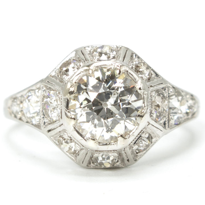 Antique Platinum Art Deco Diamond Ring with European Cut Center Stone in Octagonal Setting