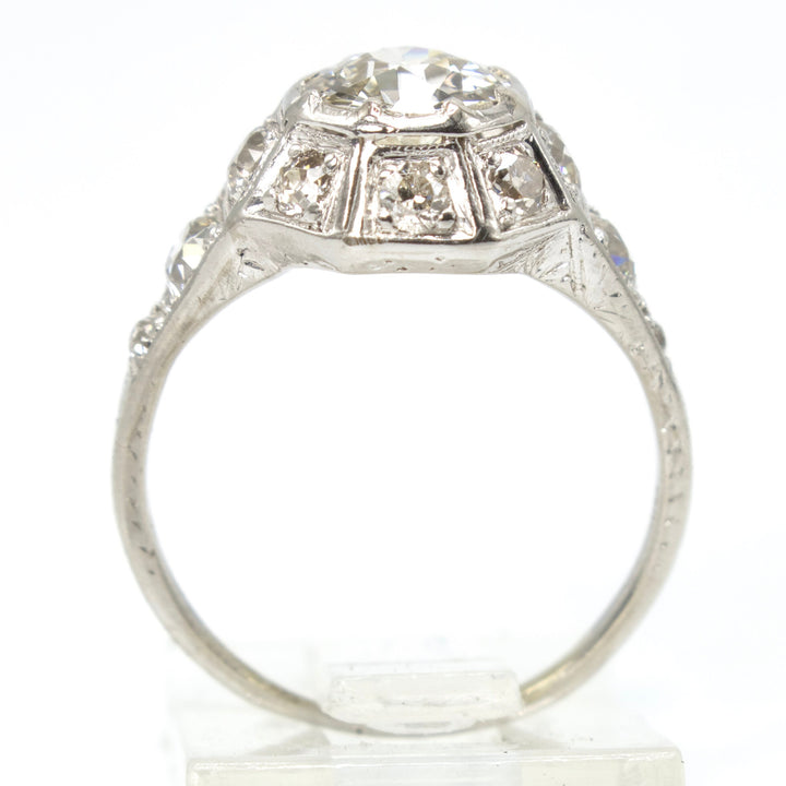 Antique Platinum Art Deco Diamond Ring with European Cut Center Stone in Octagonal Setting