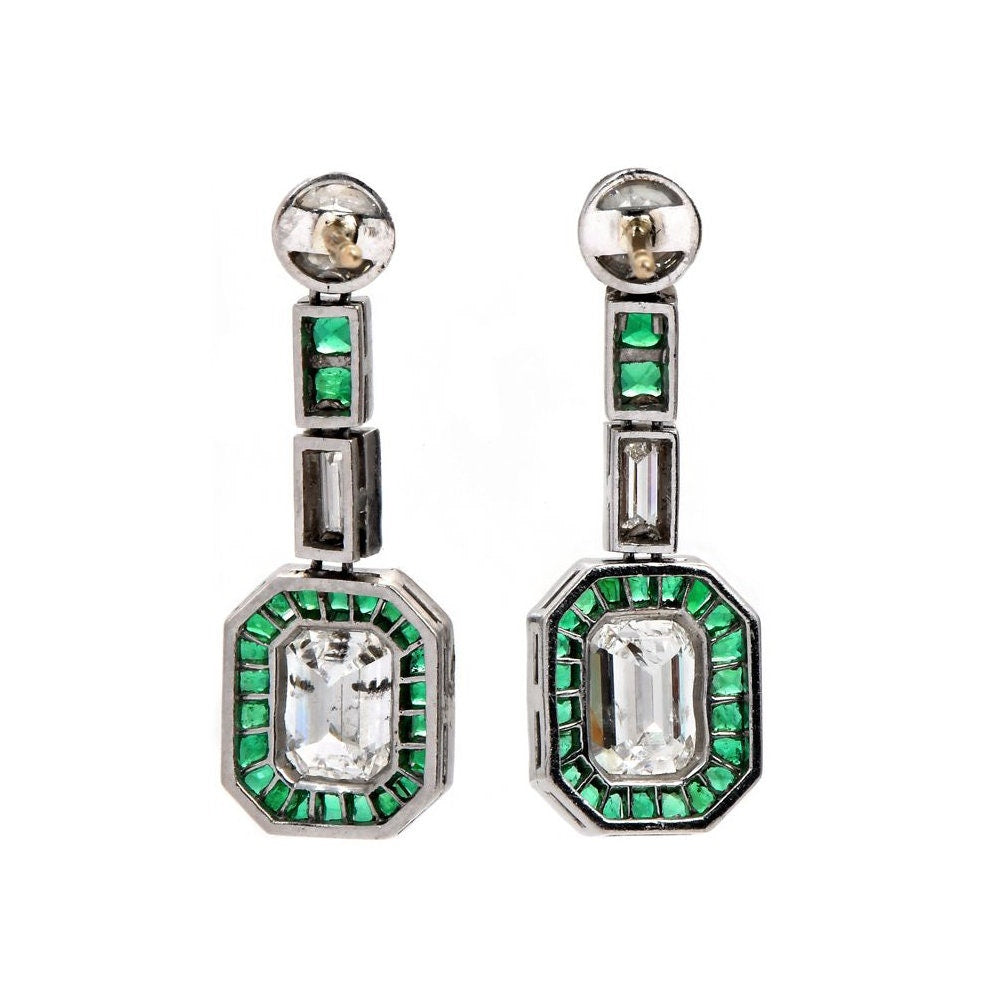 Bezel Set Emerald Cut Diamond, Emerald, and European Cut Diamond Drop Earrings