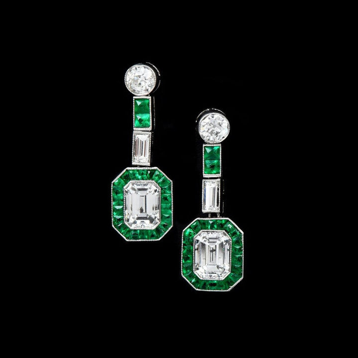 Bezel Set Emerald Cut Diamond, Emerald, and European Cut Diamond Drop Earrings