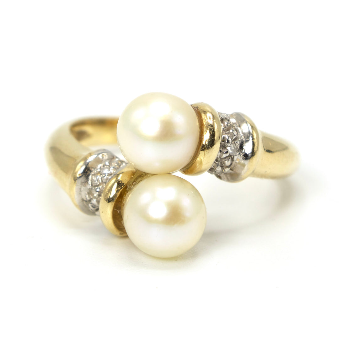 Double Pearl Bypass Ring in Yellow Gold with Diamond Accents