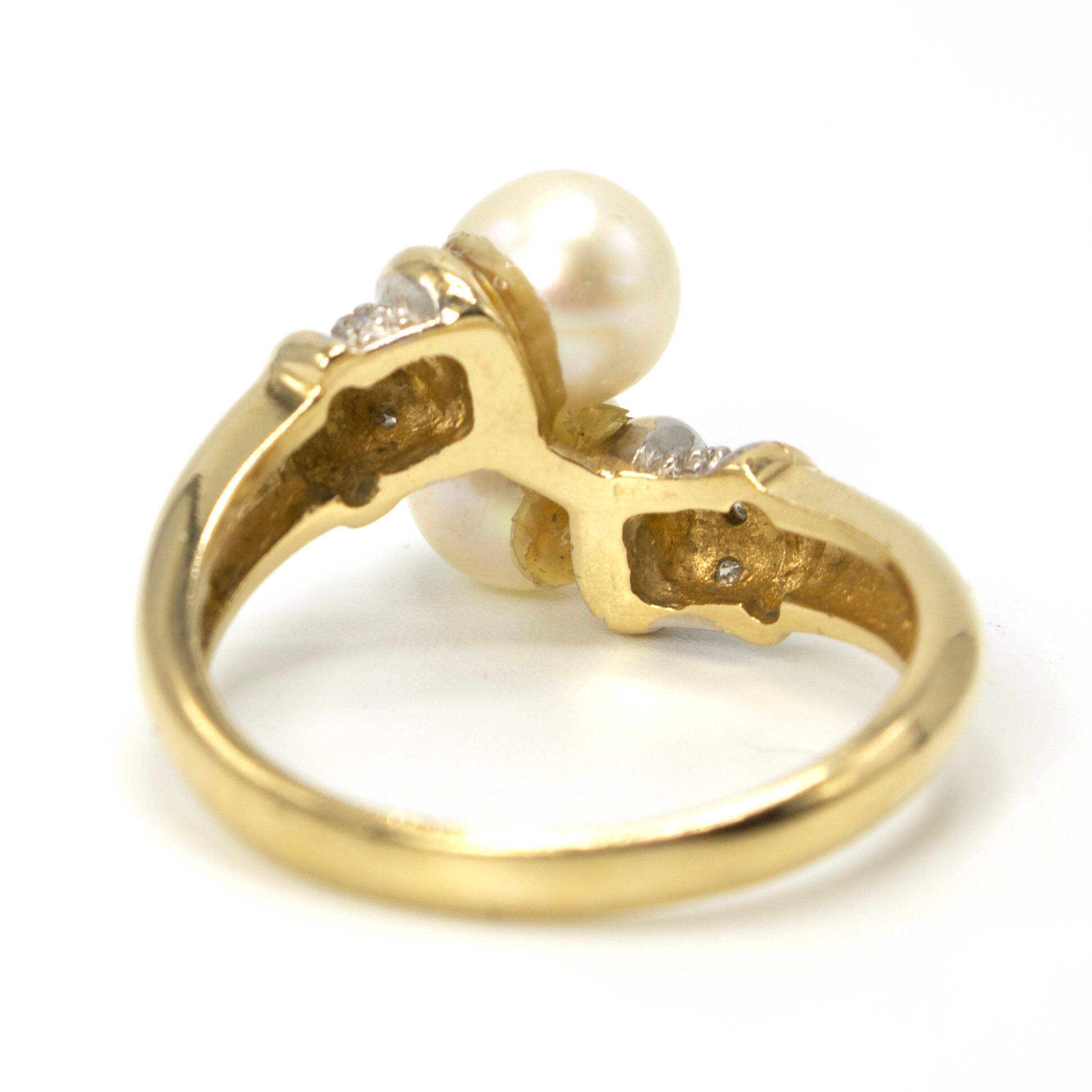 Double Pearl Bypass Ring in Yellow Gold with Diamond Accents