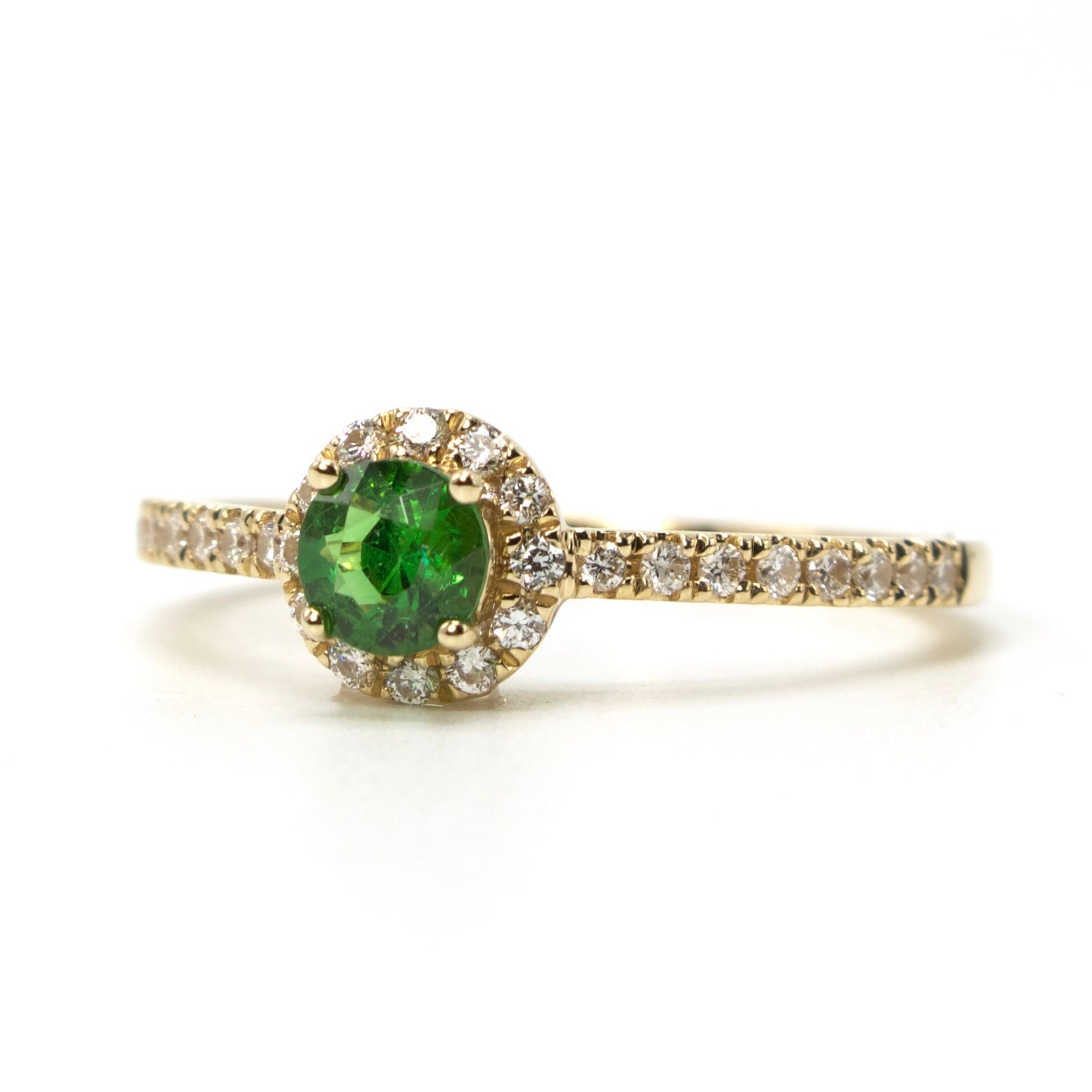 Round Green Tsavorite Garnet Engagement Ring with Diamond Halo in 14K Yellow Gold