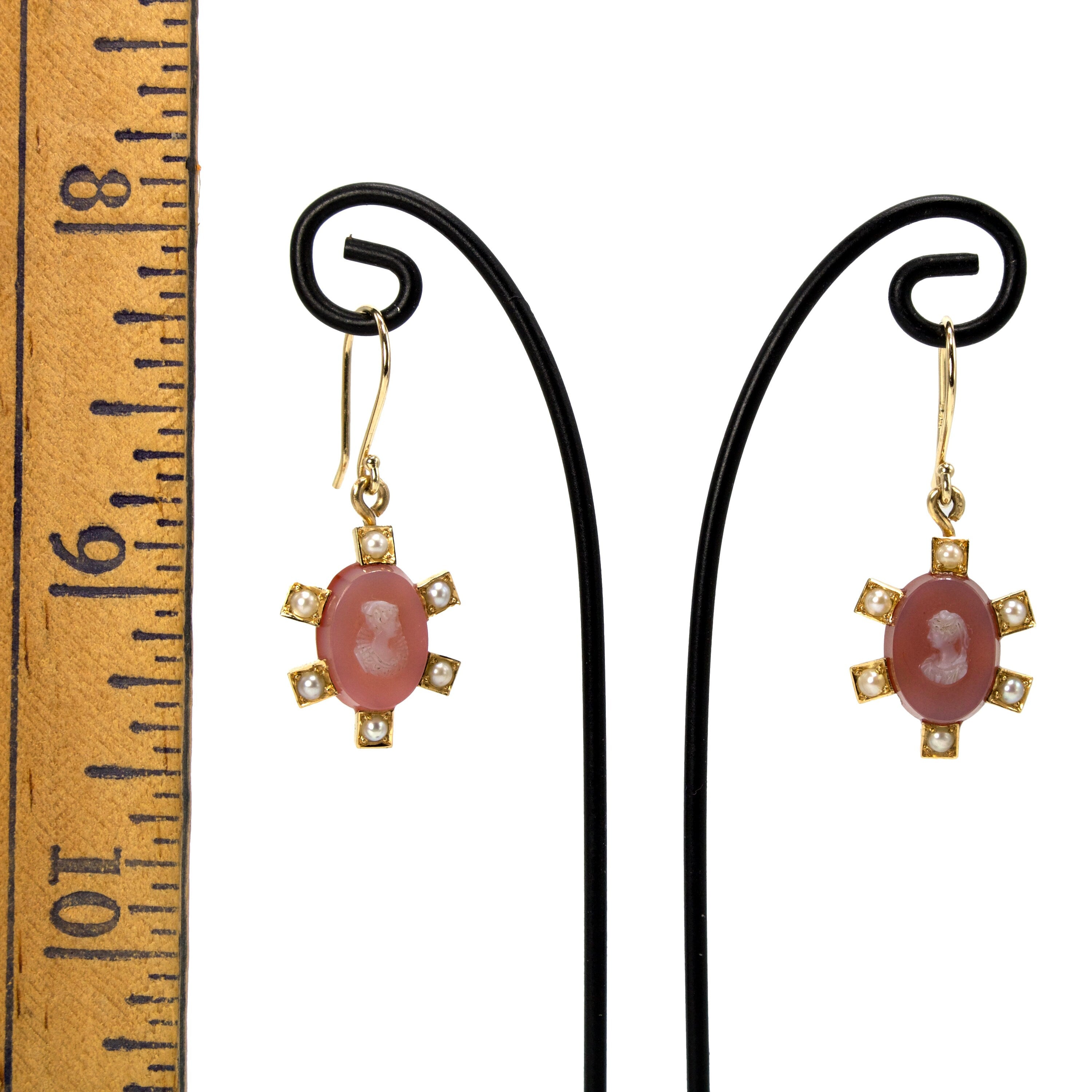 Estate Shell and Seed Pearl Cameo Drop Earrings in 18K Yellow Gold