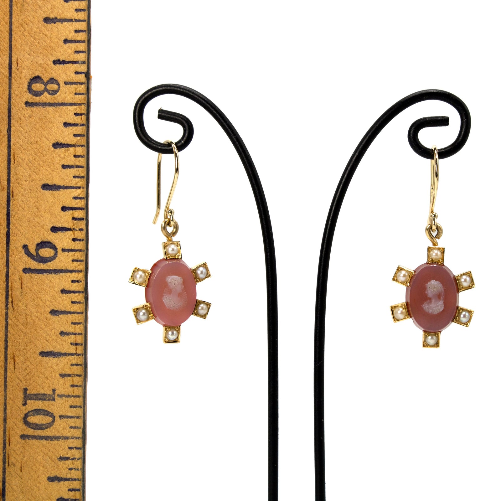 Estate Shell and Seed Pearl Cameo Drop Earrings in 18K Yellow Gold