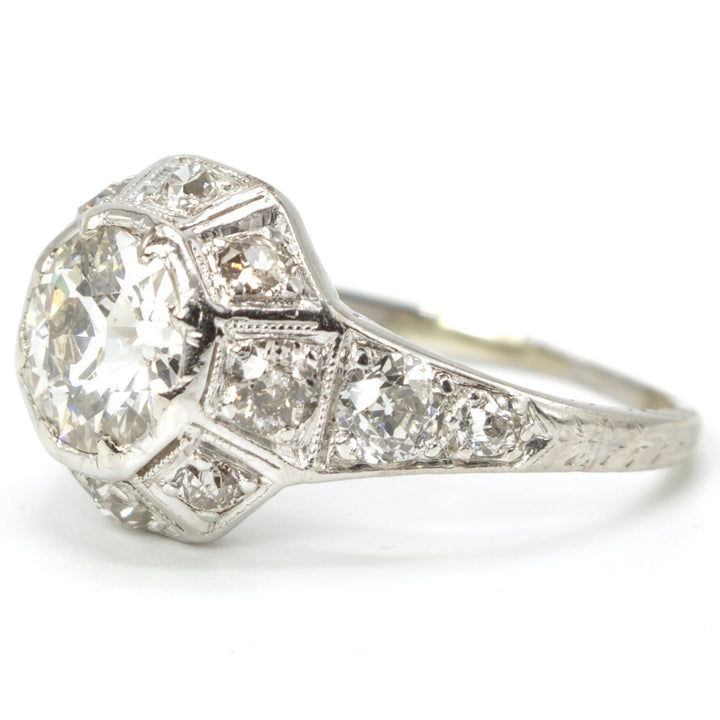 Antique Platinum Art Deco Diamond Ring with European Cut Center Stone in Octagonal Setting