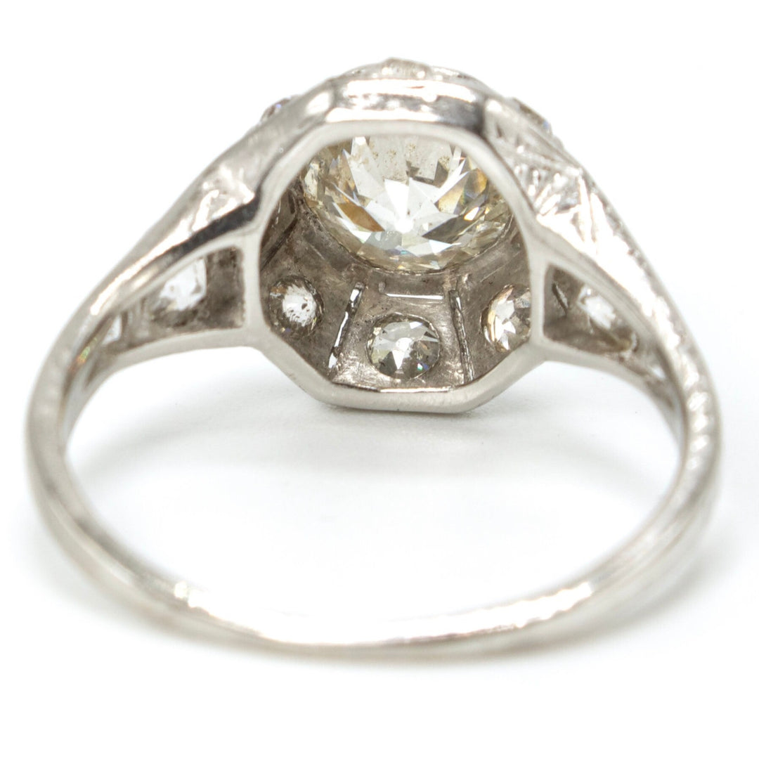 Antique Platinum Art Deco Diamond Ring with European Cut Center Stone in Octagonal Setting