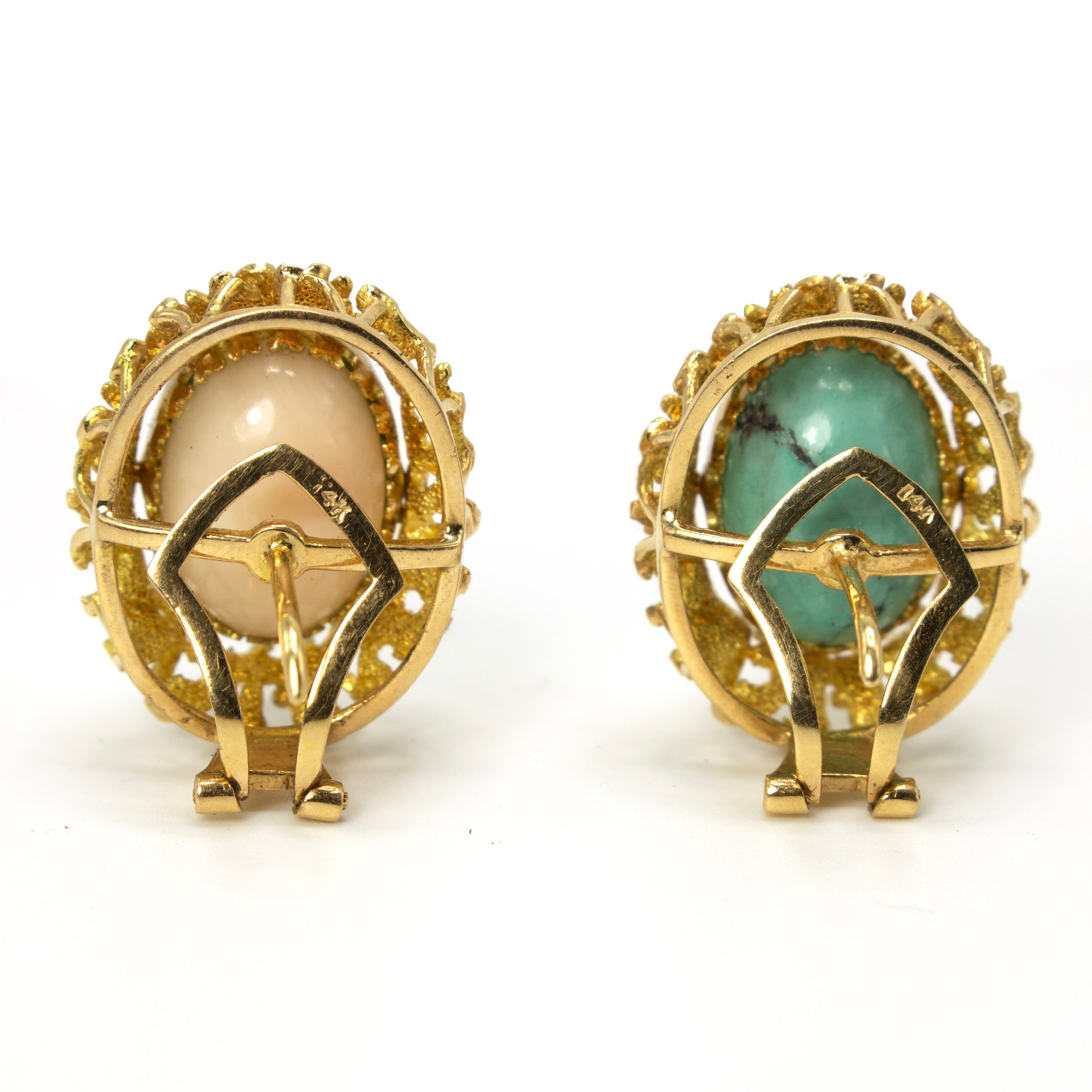 Interchangeable Coral and Turquoise 14K Yellow Gold Stud Earrings