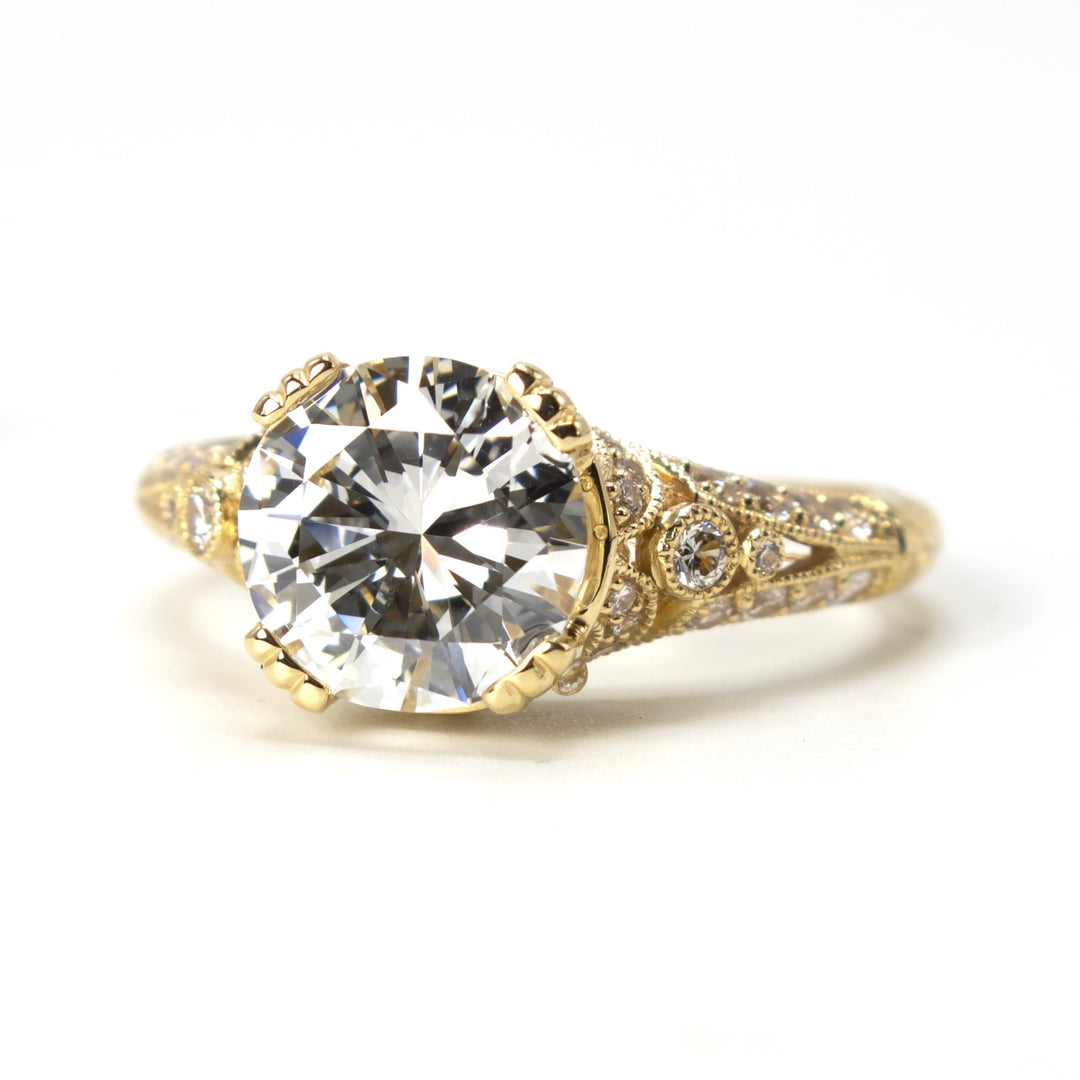 GIA 2.01 carat Diamond Solitaire in 18K Yellow Gold Art Deco Style Diamond Accented Solitaire