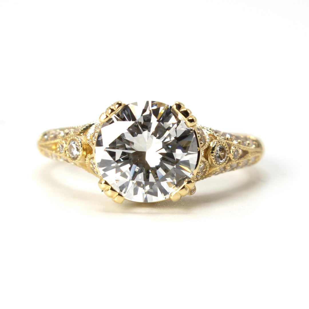 GIA 2.01 carat Diamond Solitaire in 18K Yellow Gold Art Deco Style Diamond Accented Solitaire