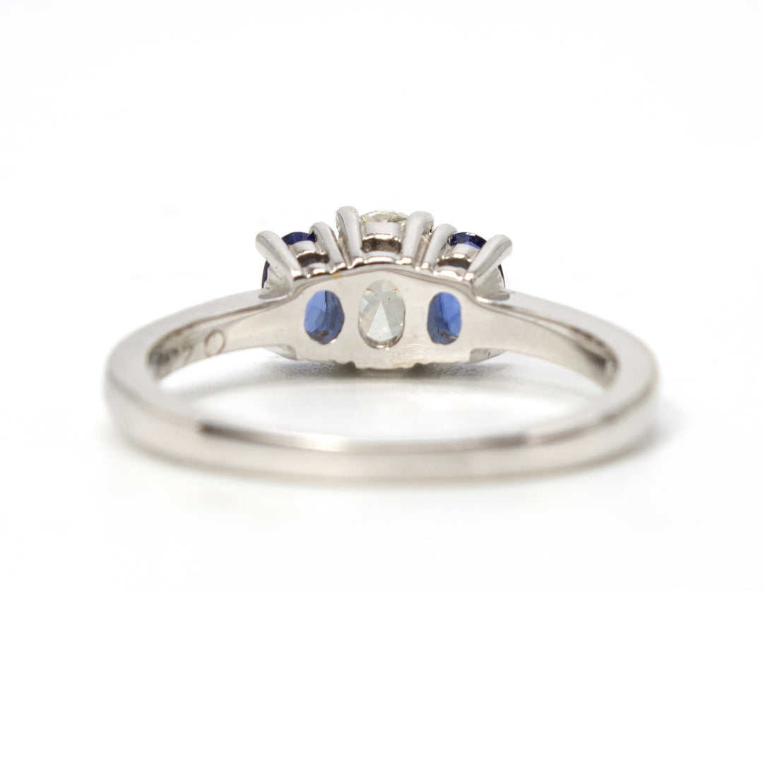 Oval Three Stone Ring with Diamond and Sapphires in White Gold