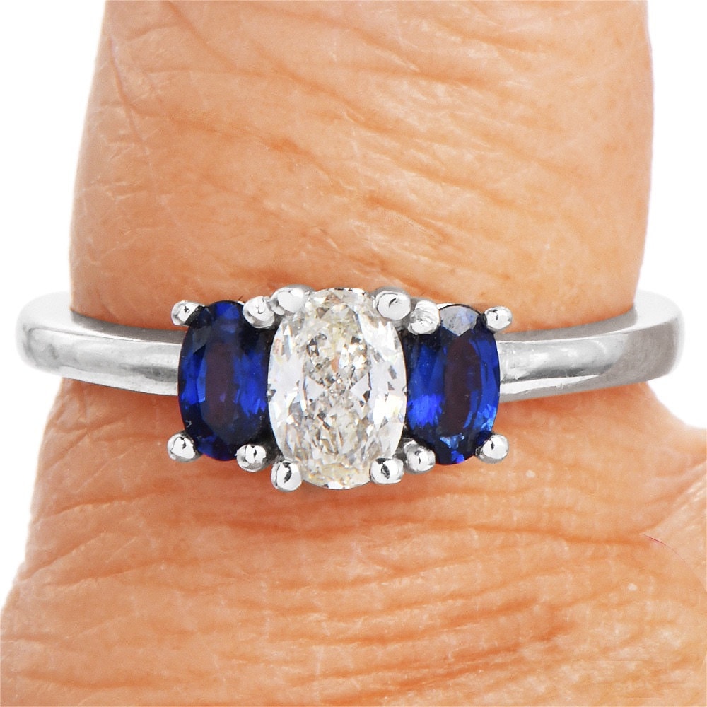 Oval Three Stone Ring with Diamond and Sapphires in White Gold