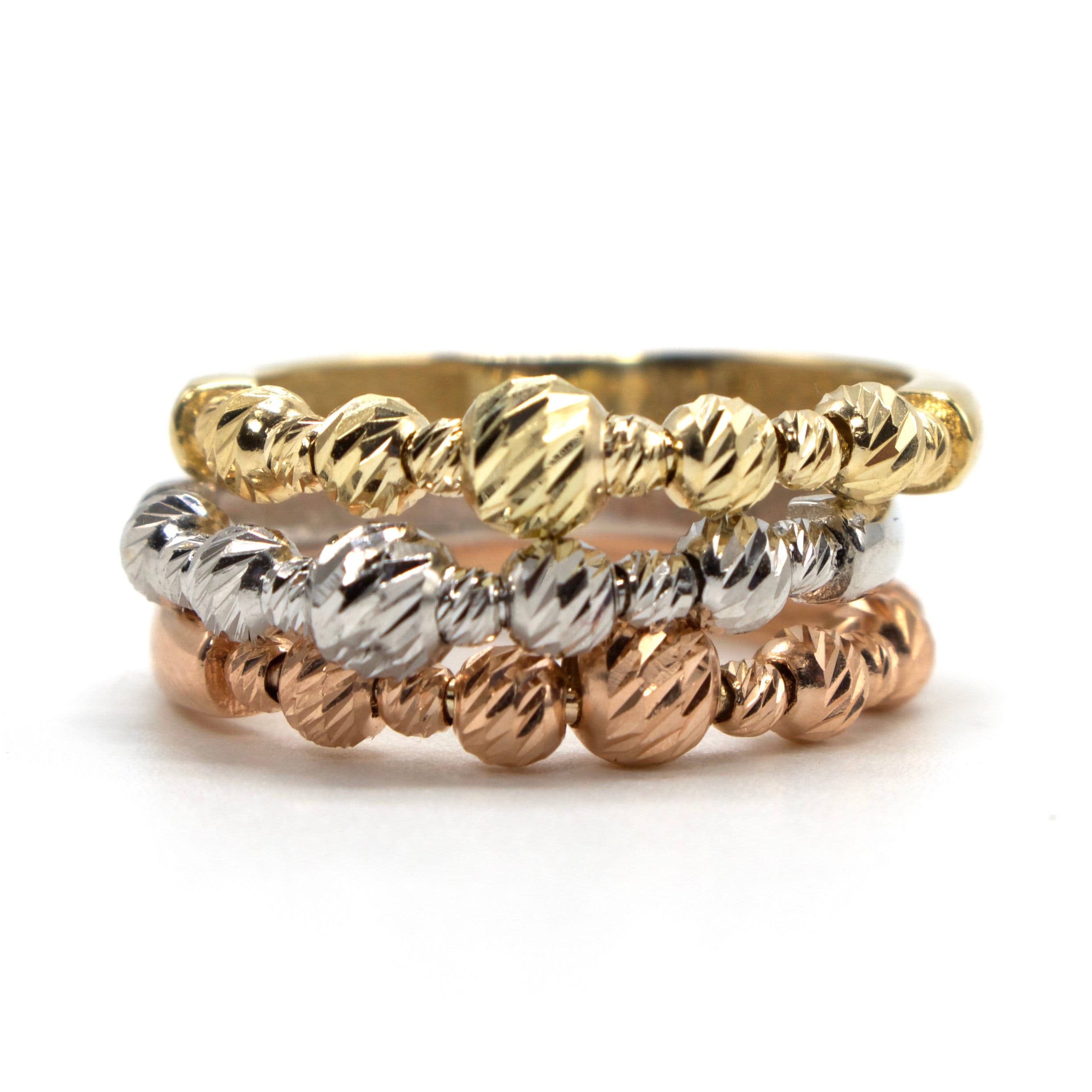 Diamond Cut Turkish Spinning Ball Rings in Rose Gold, Yellow Gold, and White Gold