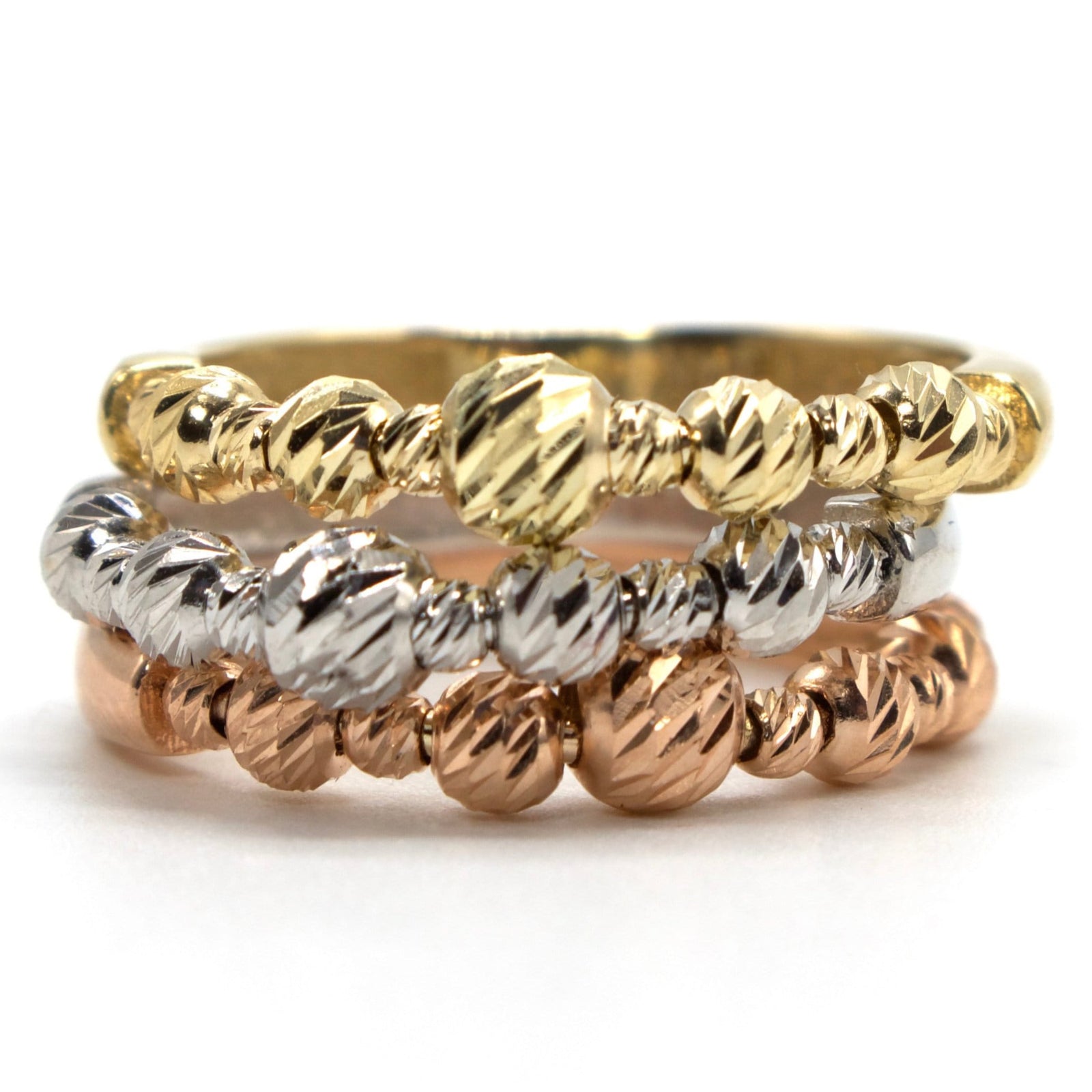 Diamond Cut Turkish Spinning Ball Rings in Rose Gold, Yellow Gold, and White Gold