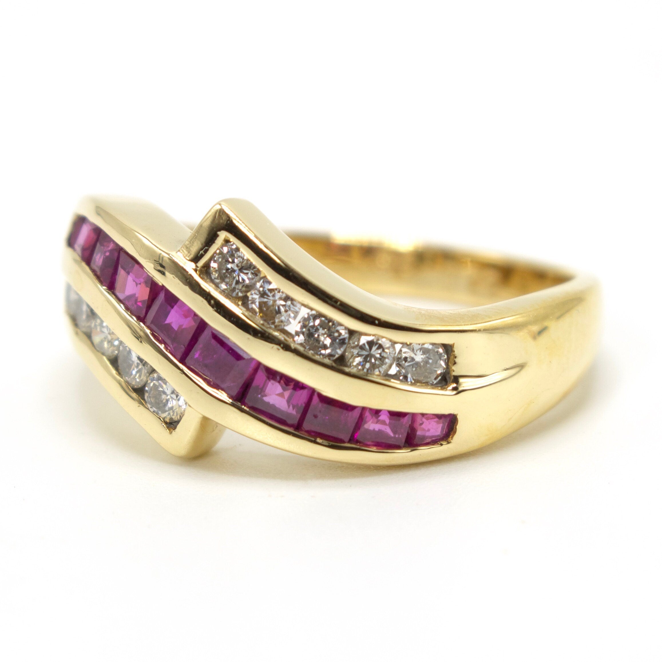 Estate Diagonally Oriented Ruby and Diamond Band in 18K Yellow Gold