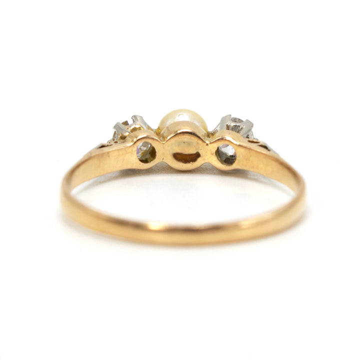 Antique Pearl and Mine Cut/European Cut Three Stone Ring in 18K Gold