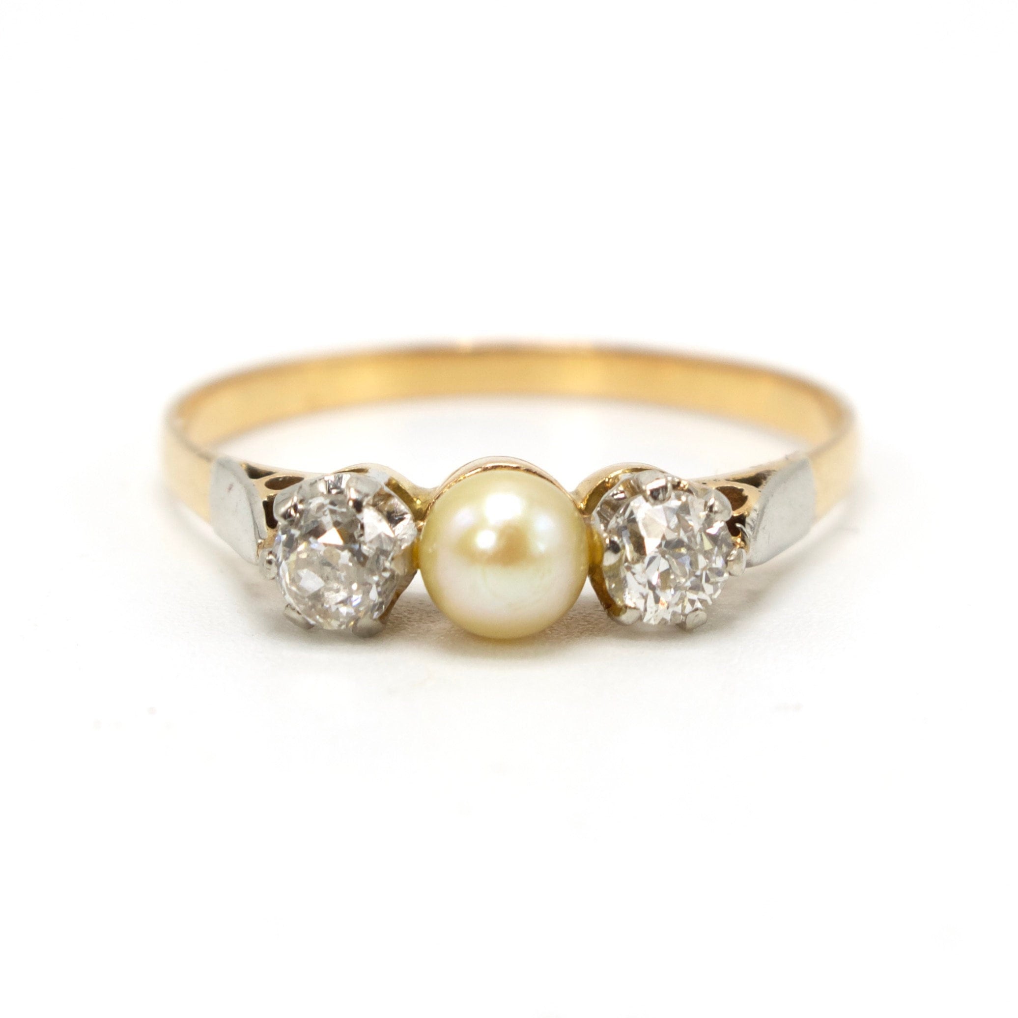 Antique Pearl and Mine Cut/European Cut Three Stone Ring in 18K Gold