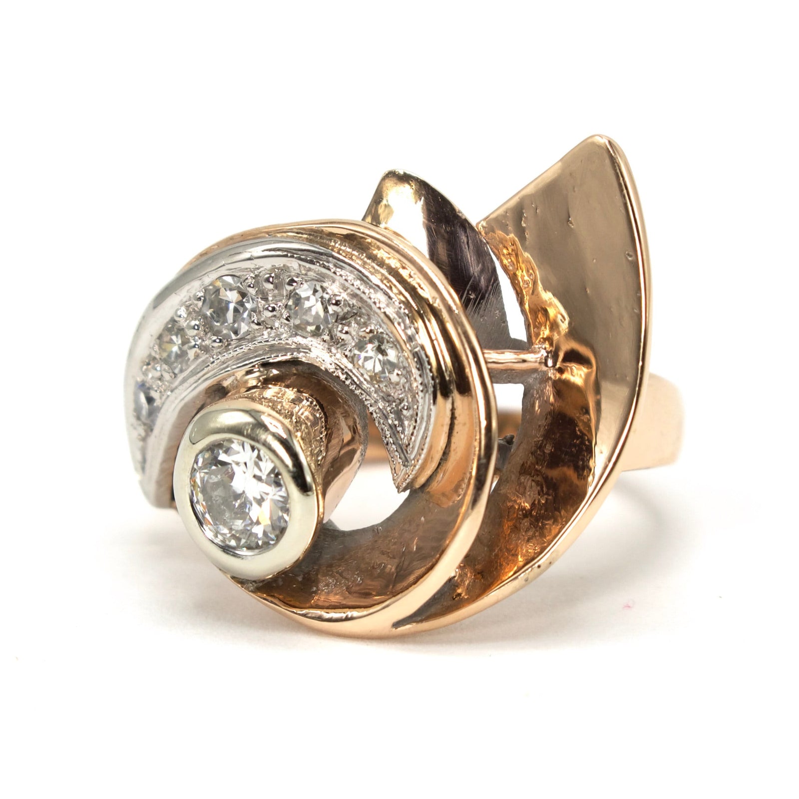 Estate 1940s Retro Diamond Fan Style Ring in 14K Rose Gold