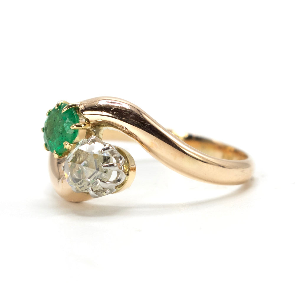 Victorian Rose Cut Diamond and Emerald Bypass Ring in Gold (ca. 1900)