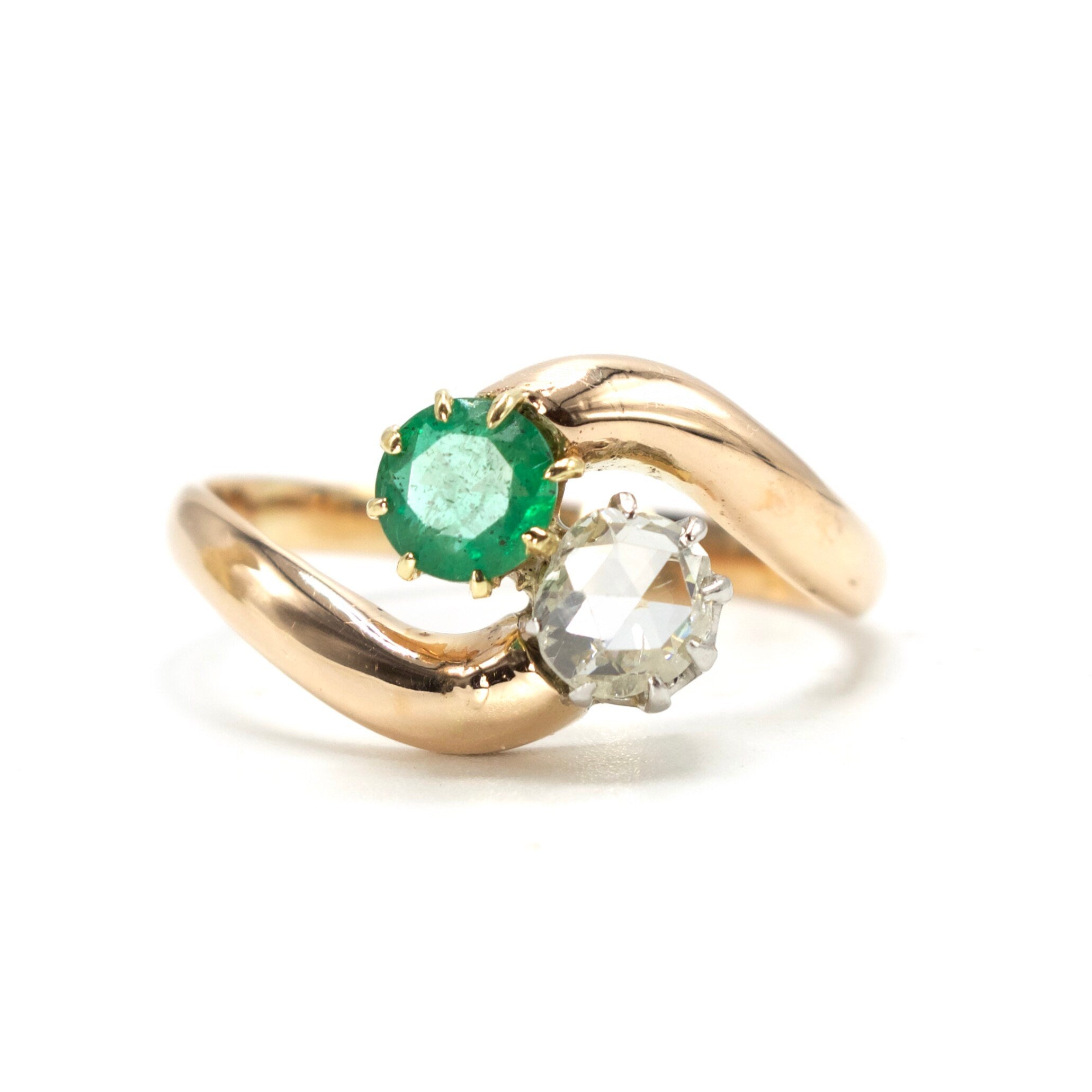 Victorian Rose Cut Diamond and Emerald Bypass Ring in Gold (ca. 1900)