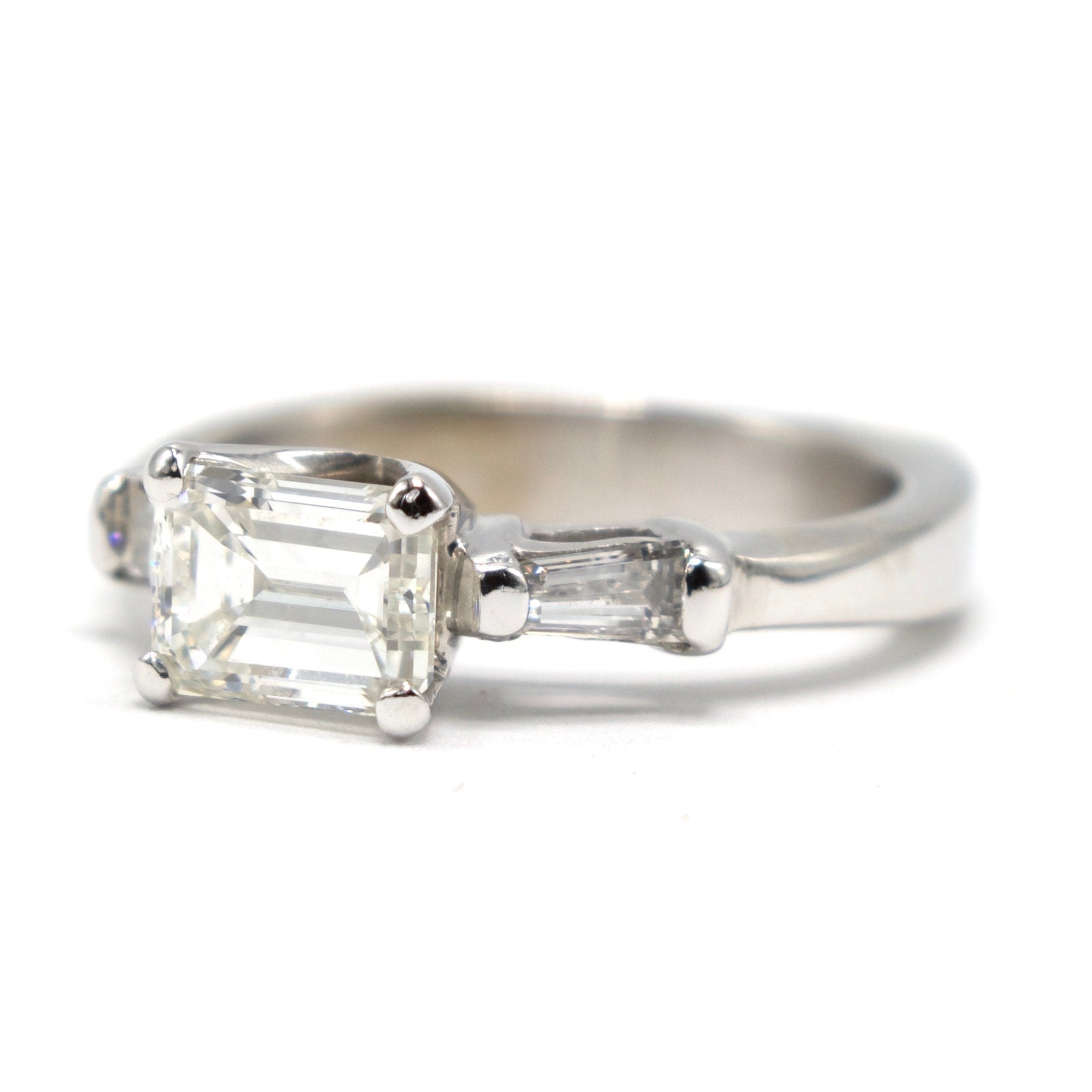 Light Carat East-West Emerald Cut Diamond Ring with Tapered Baguette and Contoured Band Bridal Set
