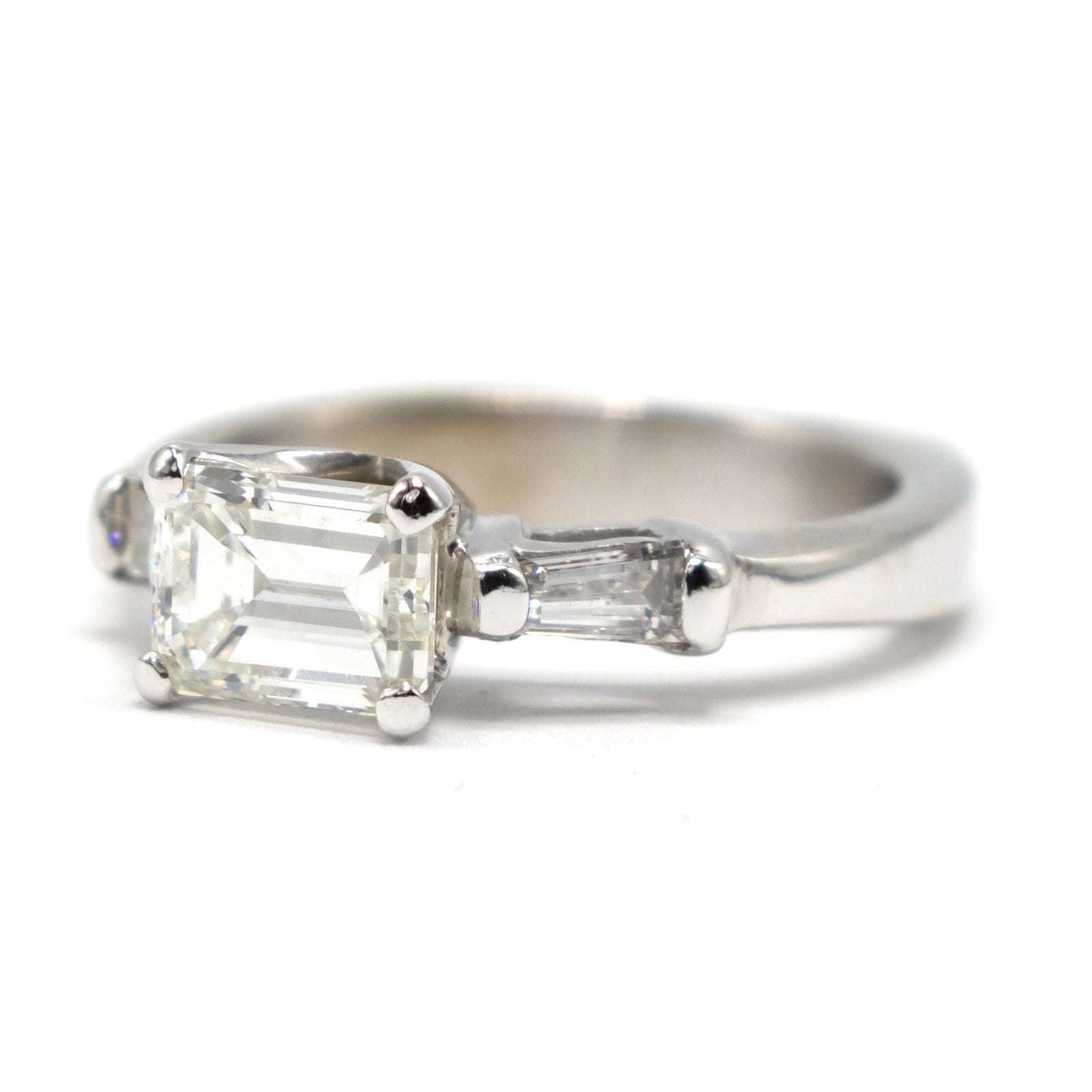 Light Carat East-West Emerald Cut Diamond Ring with Tapered Baguette and Contoured Band Bridal Set