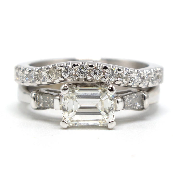 Light Carat East-West Emerald Cut Diamond Ring with Tapered Baguette and Contoured Band Bridal Set
