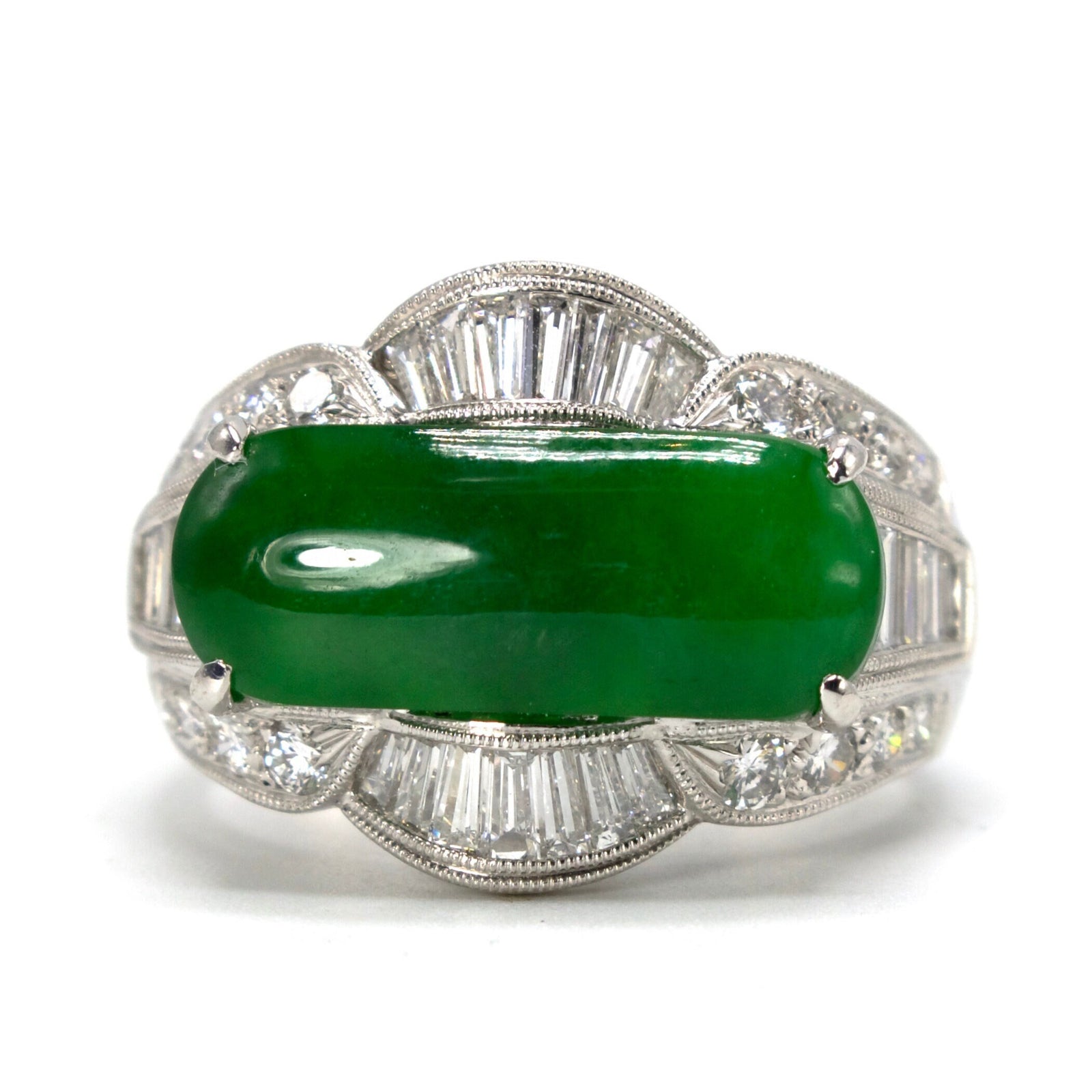 GIA 3.95 Carats Fine Green Natural A Jade with Diamonds in 18K White Gold Ring