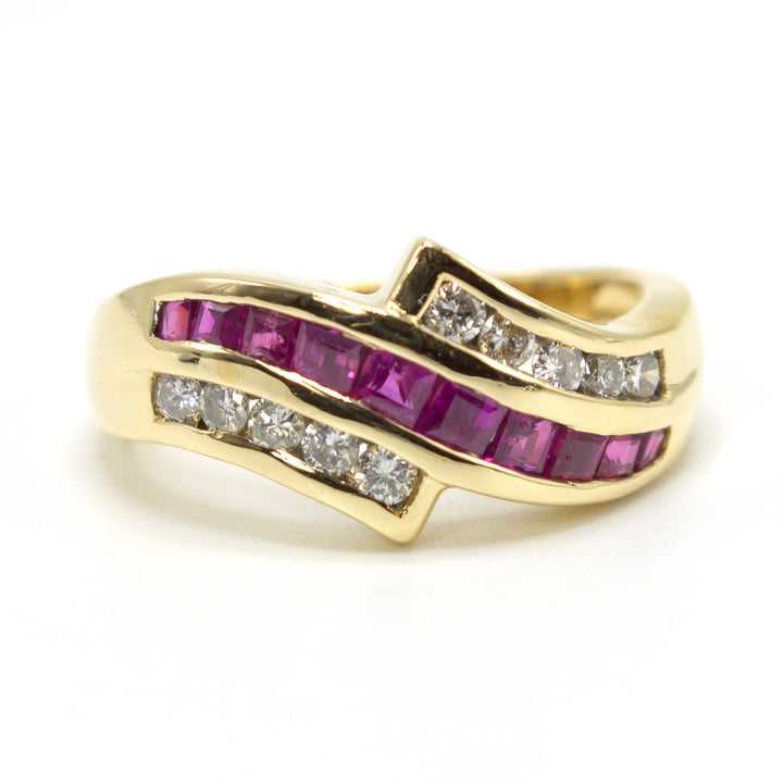 Estate Diagonally Oriented Ruby and Diamond Band in 18K Yellow Gold