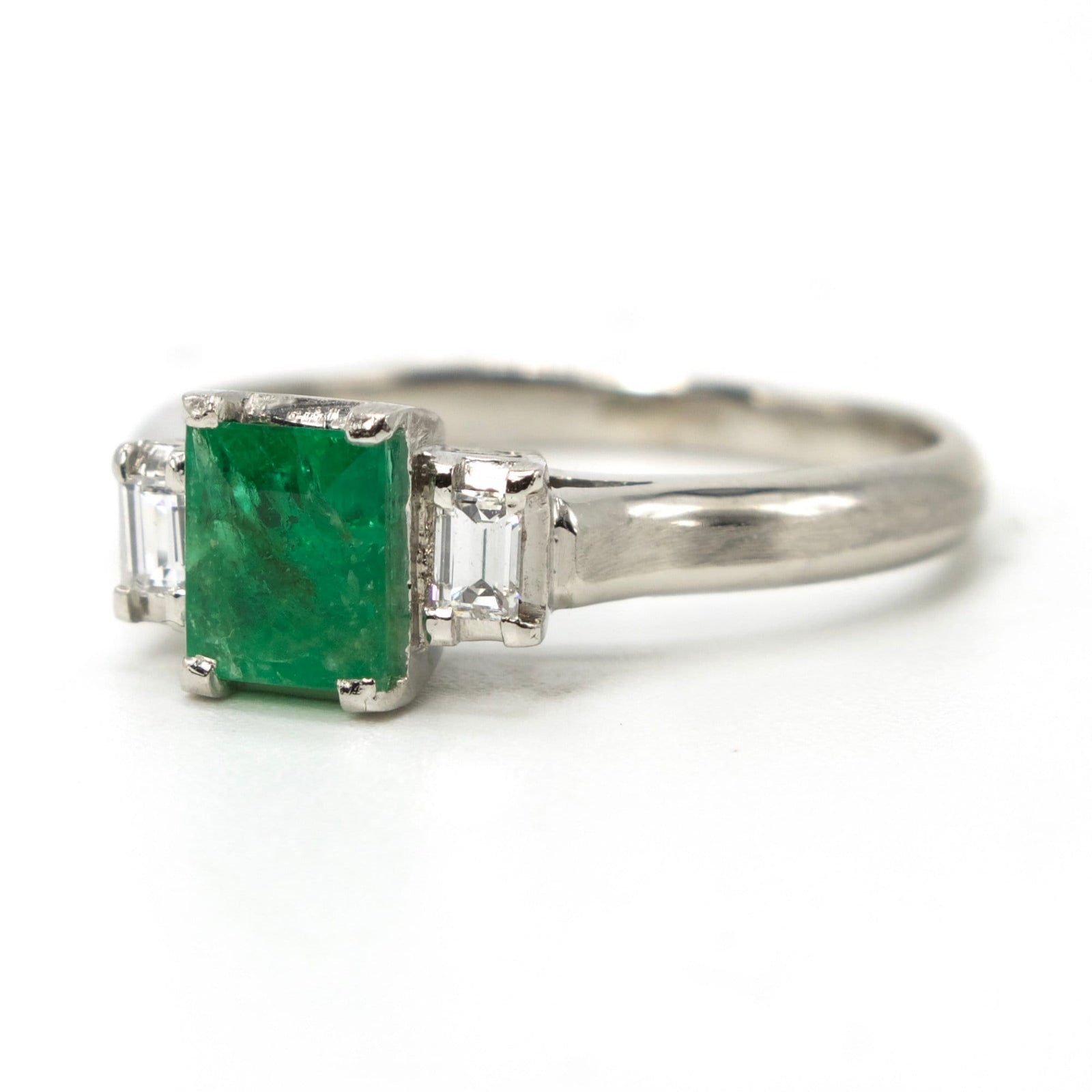 Estate Emerald and Diamond Three Stone Engagement Ring in Platinum
