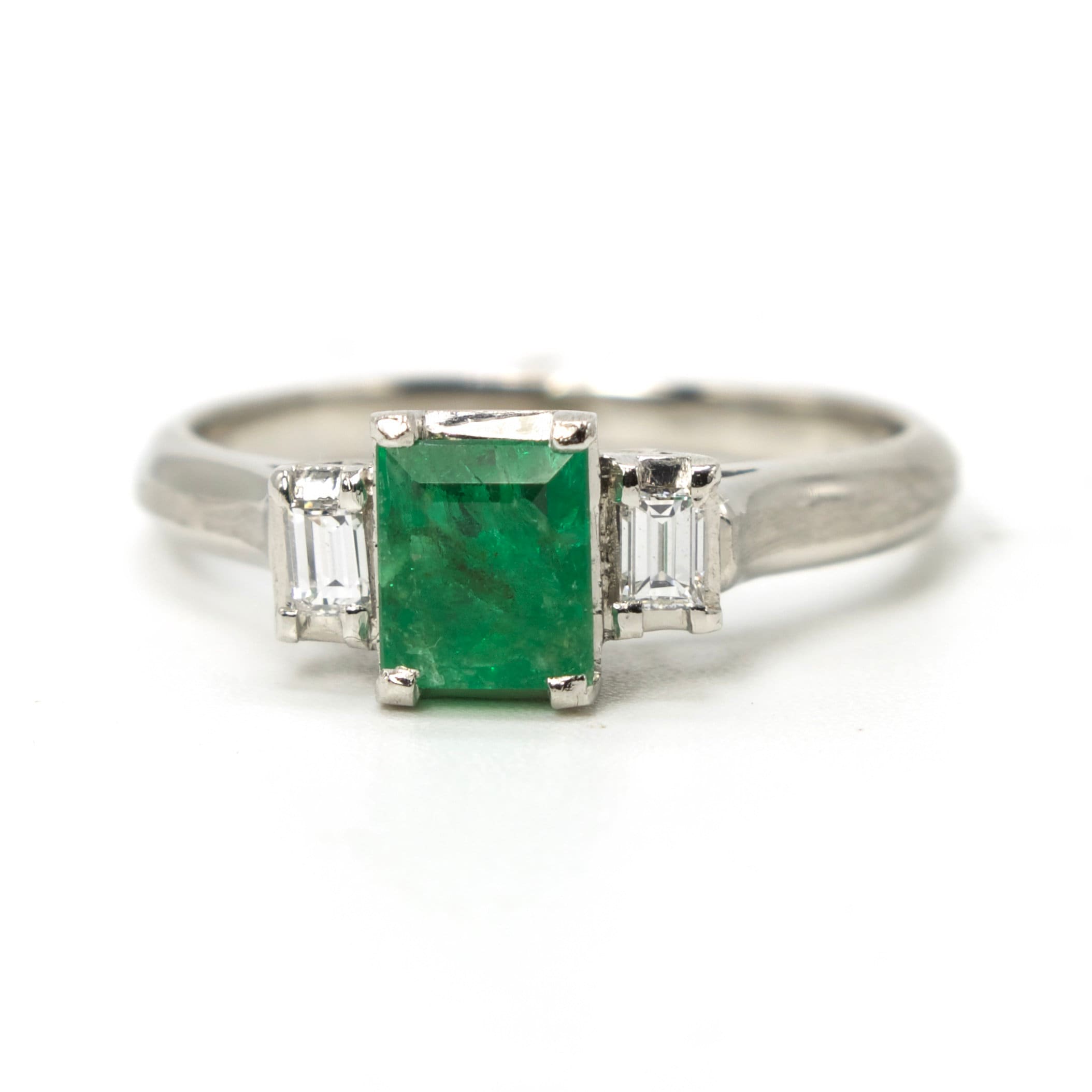 Estate Emerald and Diamond Three Stone Engagement Ring in Platinum
