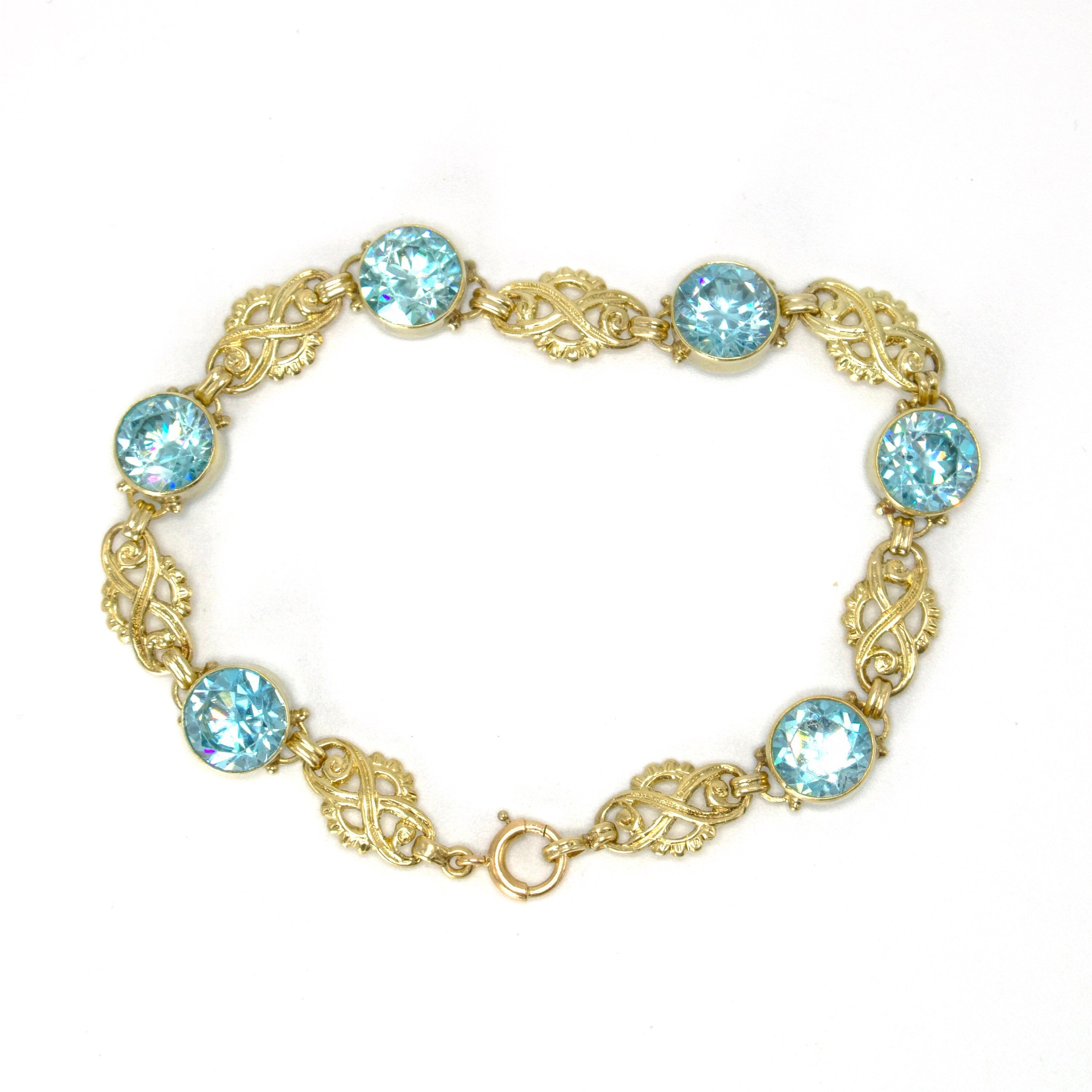 14K Yellow Gold Blue Zircon Link Bracelet, 7 inches, ca. 1930
