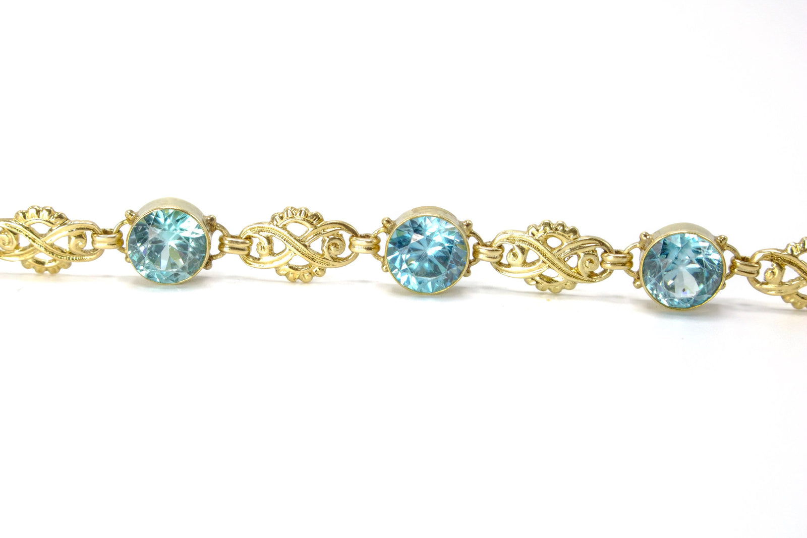 14K Yellow Gold Blue Zircon Link Bracelet, 7 inches, ca. 1930