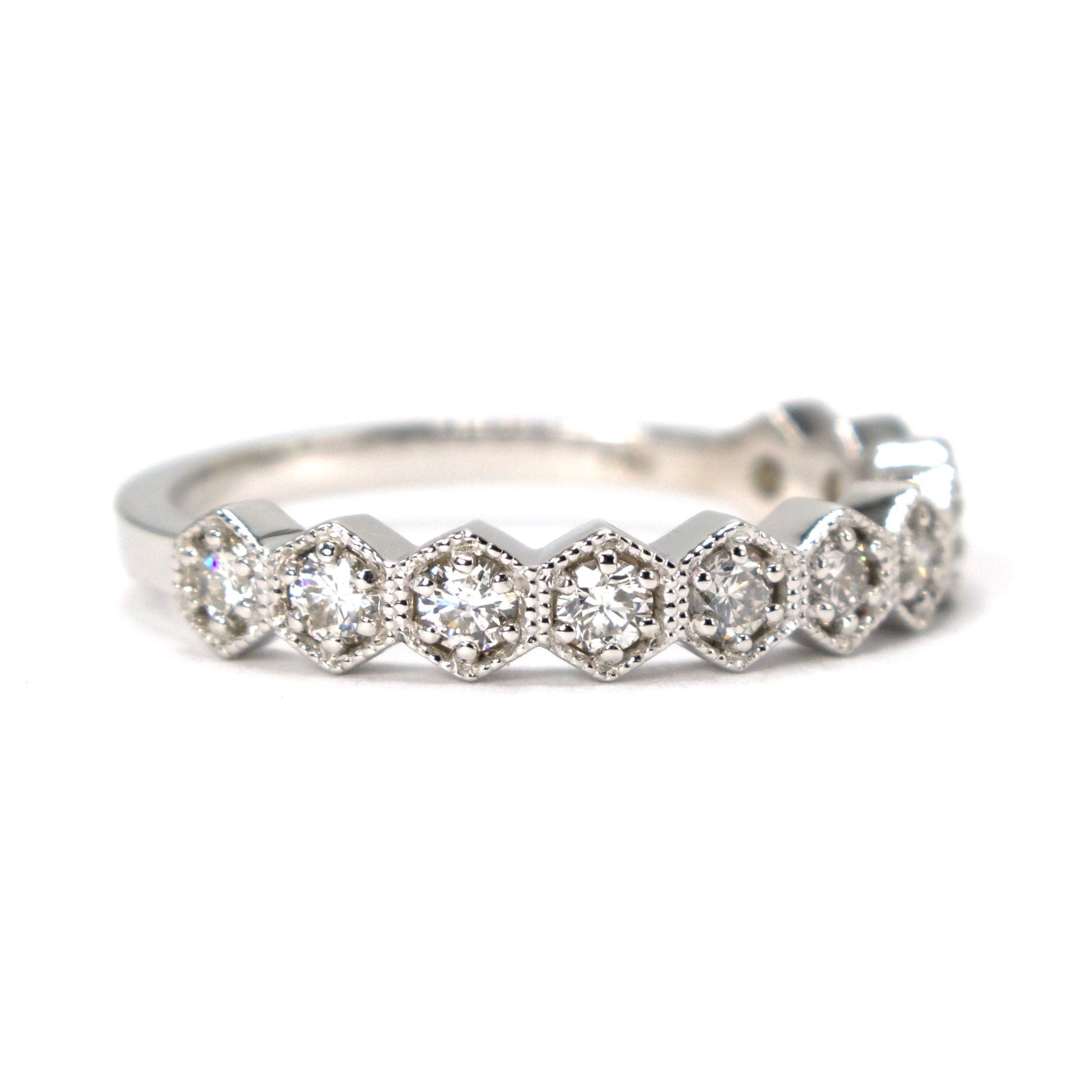 Hexagonal Shaped Settings with Round Diamonds Wedding/Anniversary Band in White Gold