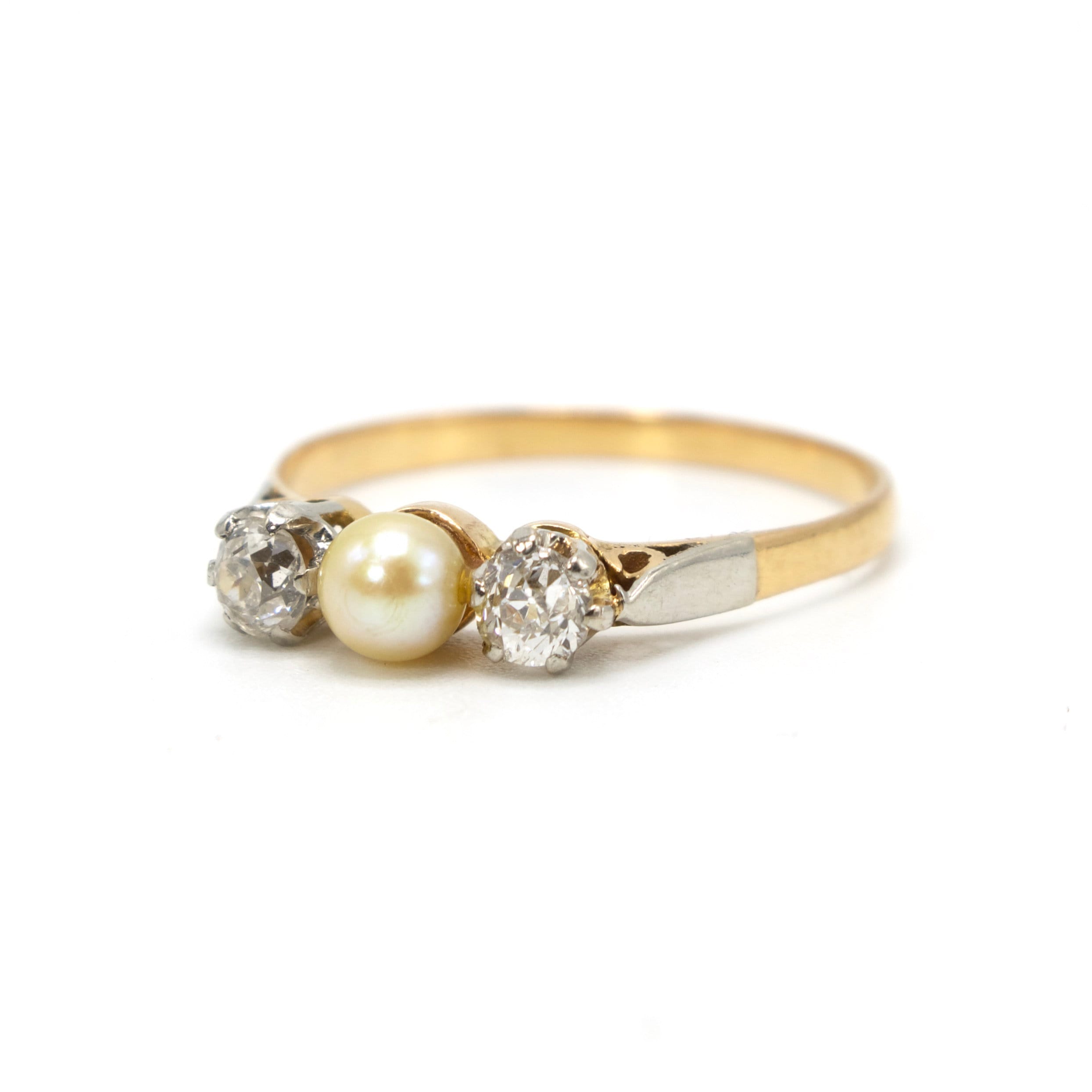 Antique Pearl and Mine Cut/European Cut Three Stone Ring in 18K Gold