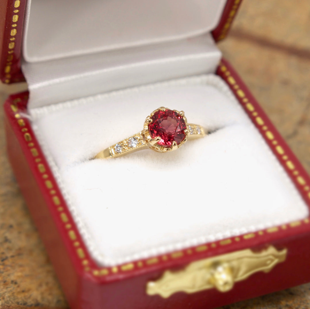 0.80 carat Bright Cherry Orange Sapphire in Edwardian Style 18K Yellow Gold Solitaire Ring