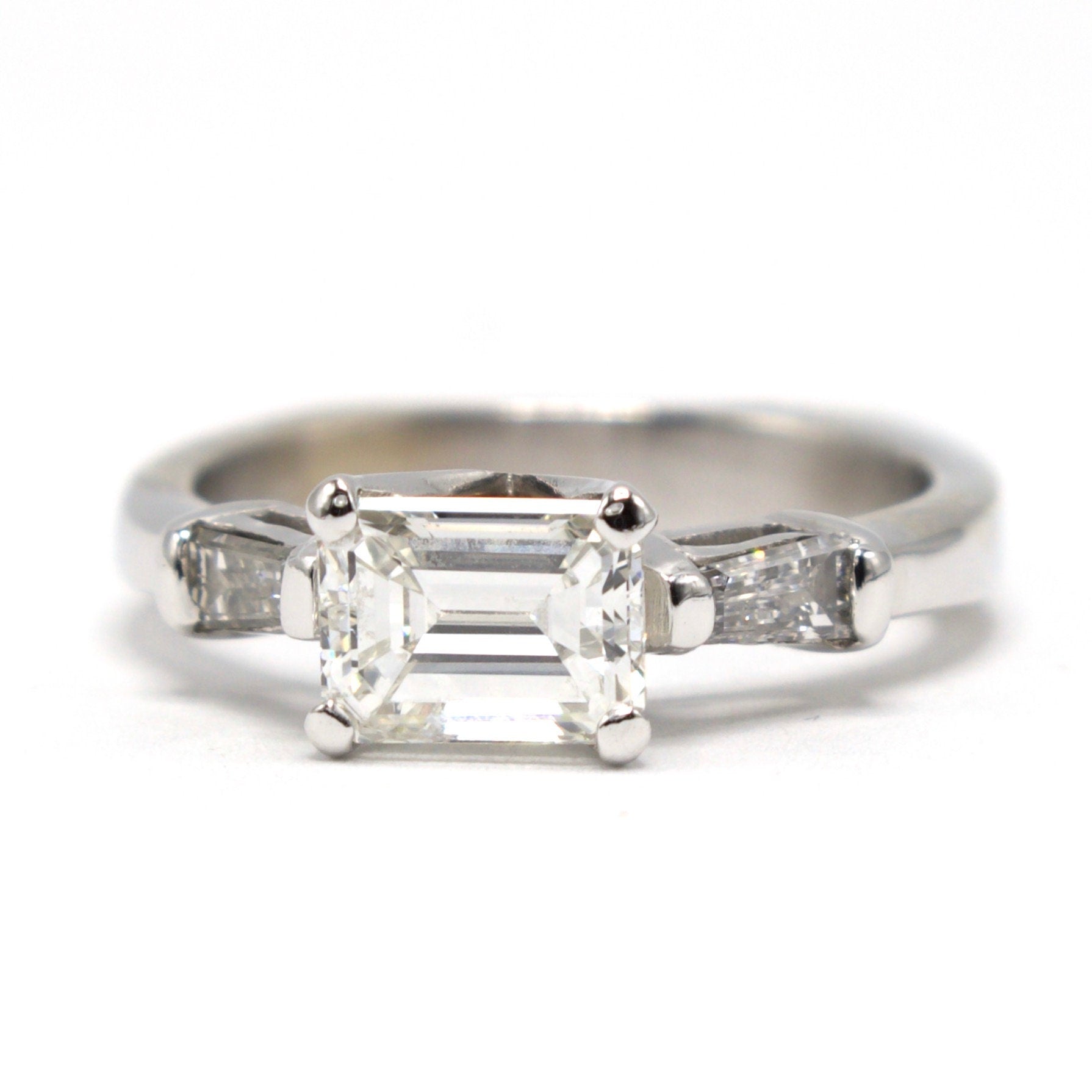 Light Carat East-West Emerald Cut Diamond Ring with Tapered Baguette and Contoured Band Bridal Set
