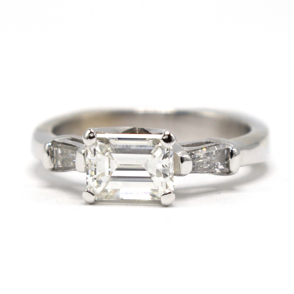 Light Carat East-West Emerald Cut Diamond Ring with Tapered Baguette and Contoured Band Bridal Set