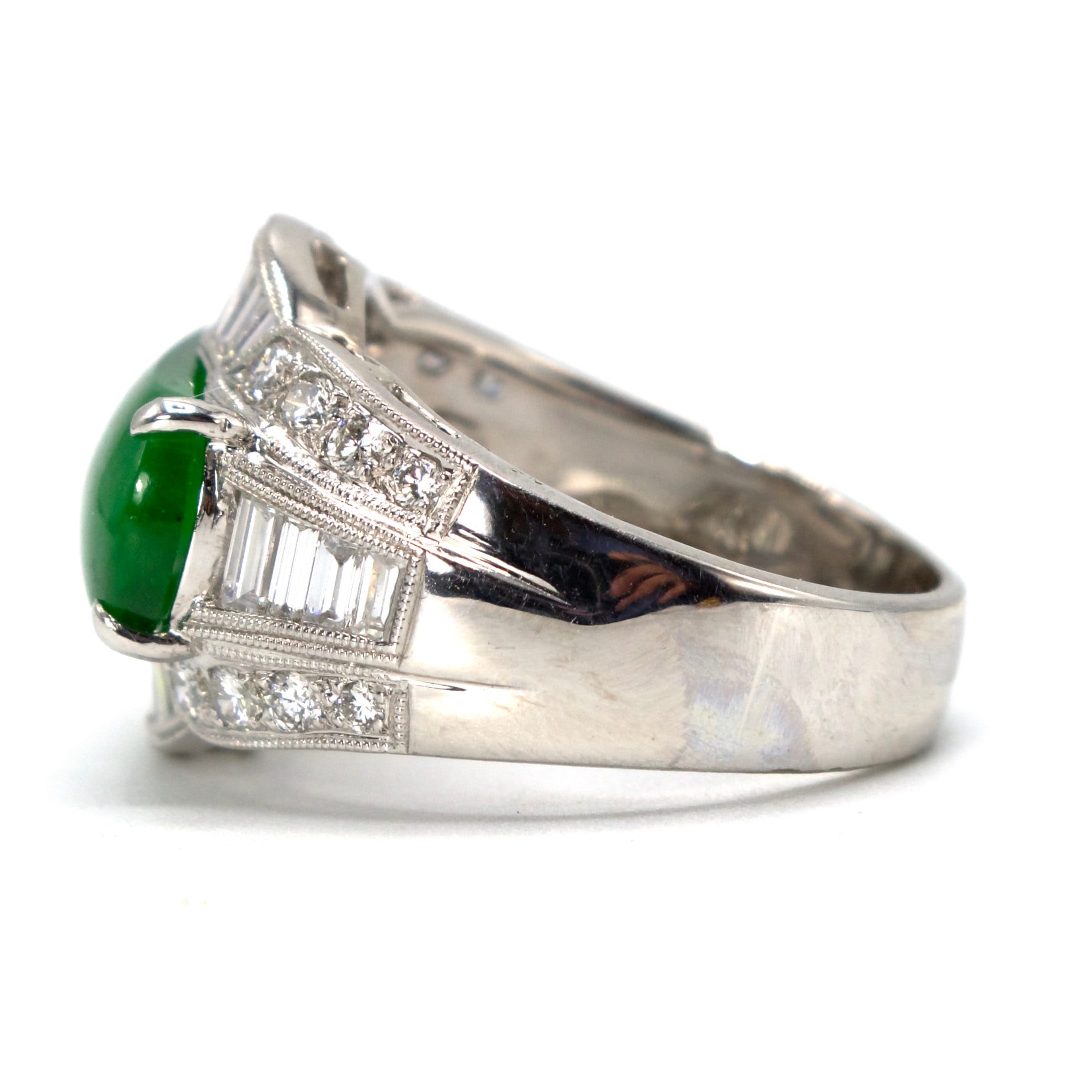 GIA 3.95 Carats Fine Green Natural A Jade with Diamonds in 18K White Gold Ring