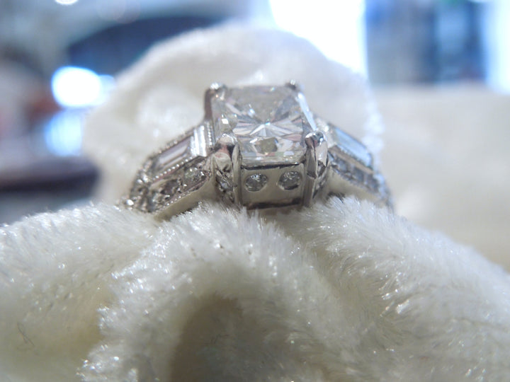 1.5 Carat Radiant Cut Diamond Art Deco Style Ring in Platinum