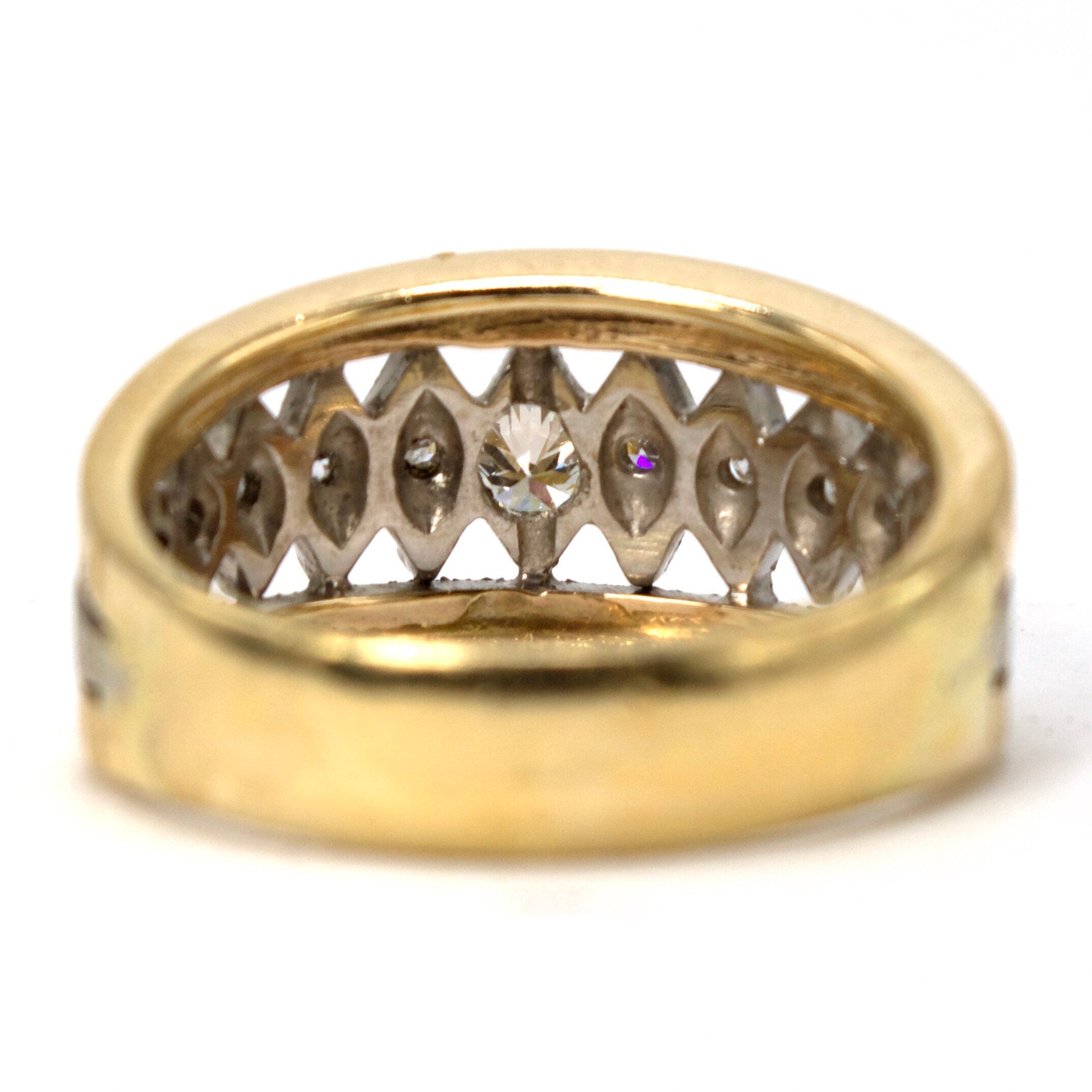 Wide Florentine Finish Diamond and Bicolor Gold Midcentury Open Band